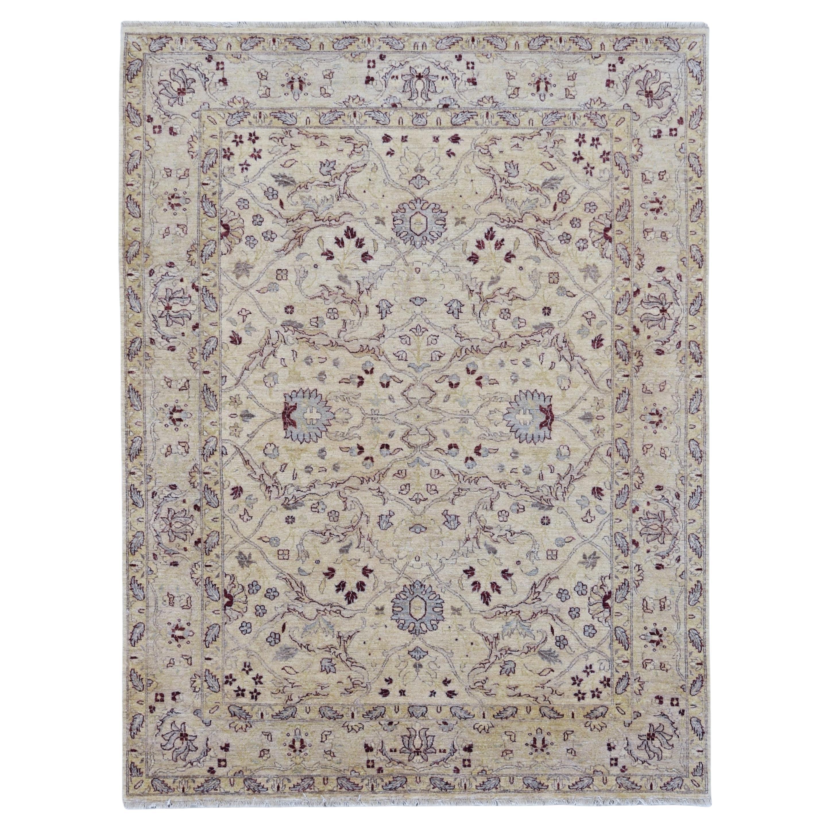 Neo-Classical Beige with Red Motif Wool Rug 7'9''x9'11''