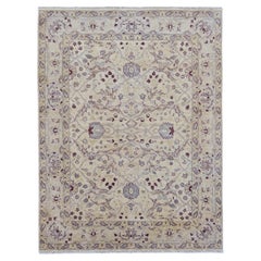 Neo-Classical Beige with Red Motif Wool Rug 7'9''x9'11''