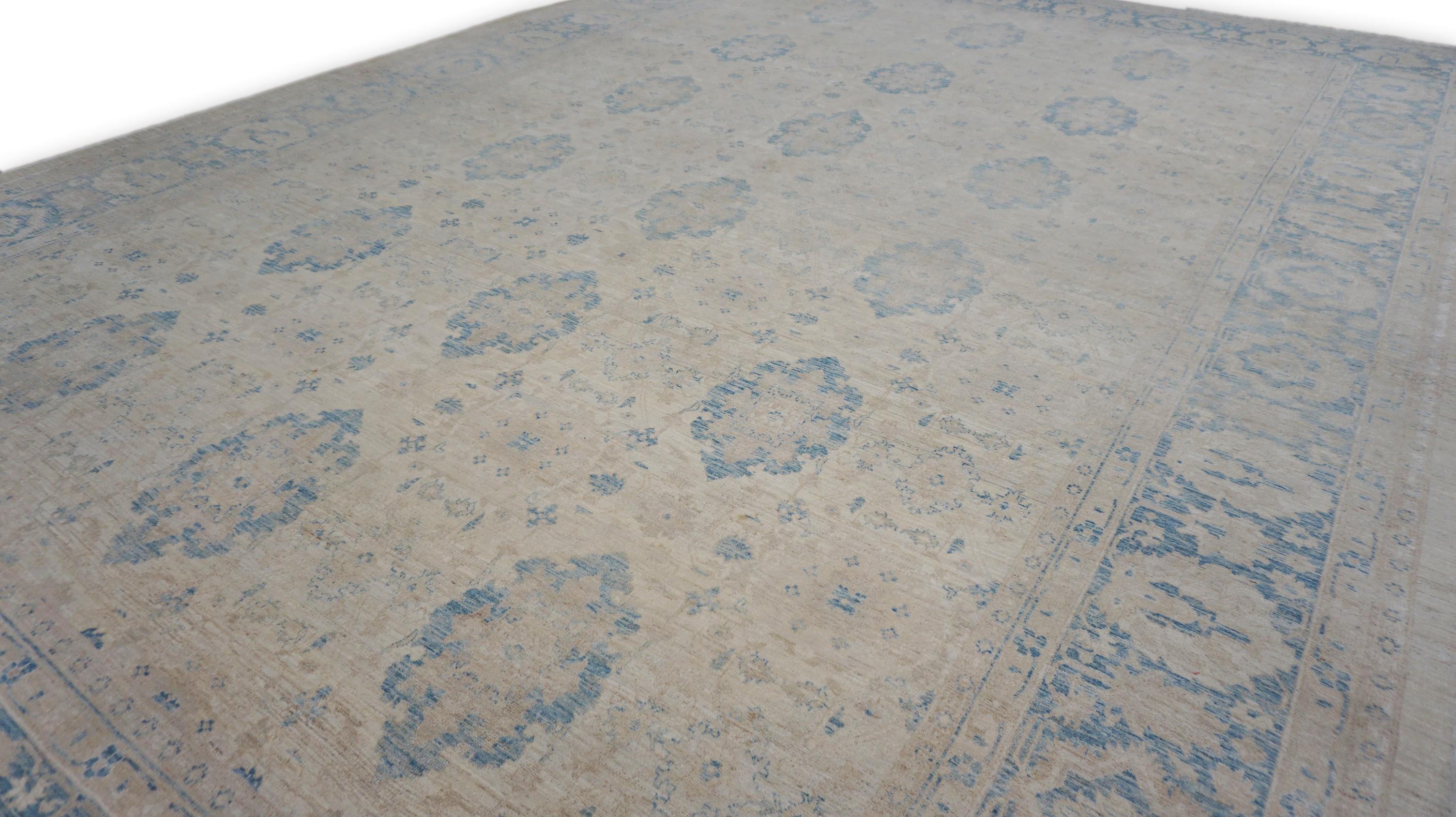 Hand-Knotted Neo-Classical Blue and Beige Wool Rug 10'1''x14'9'' For Sale