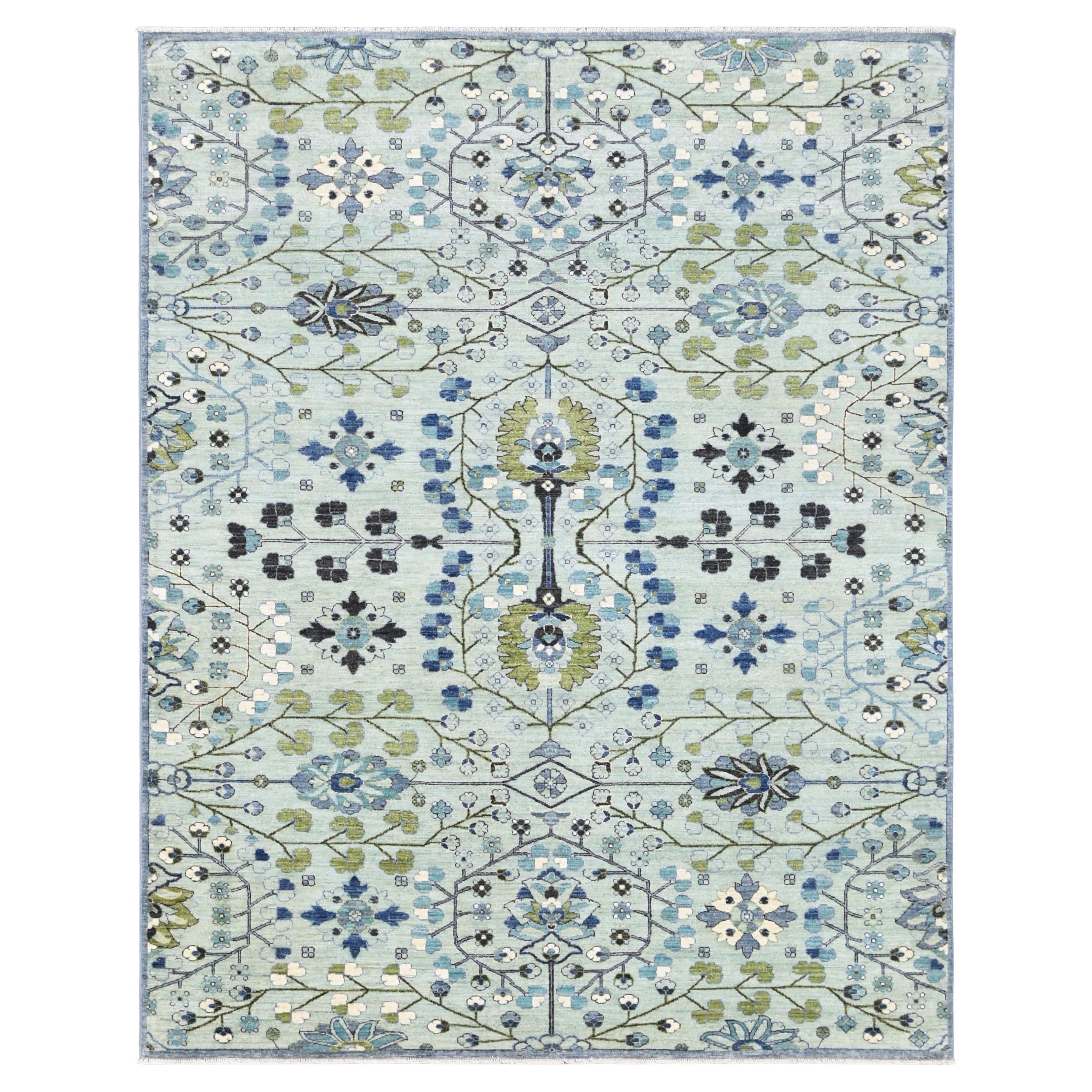 Alfombra neoclásica de lana floral azul y verde 8'x10' Circa 2020
