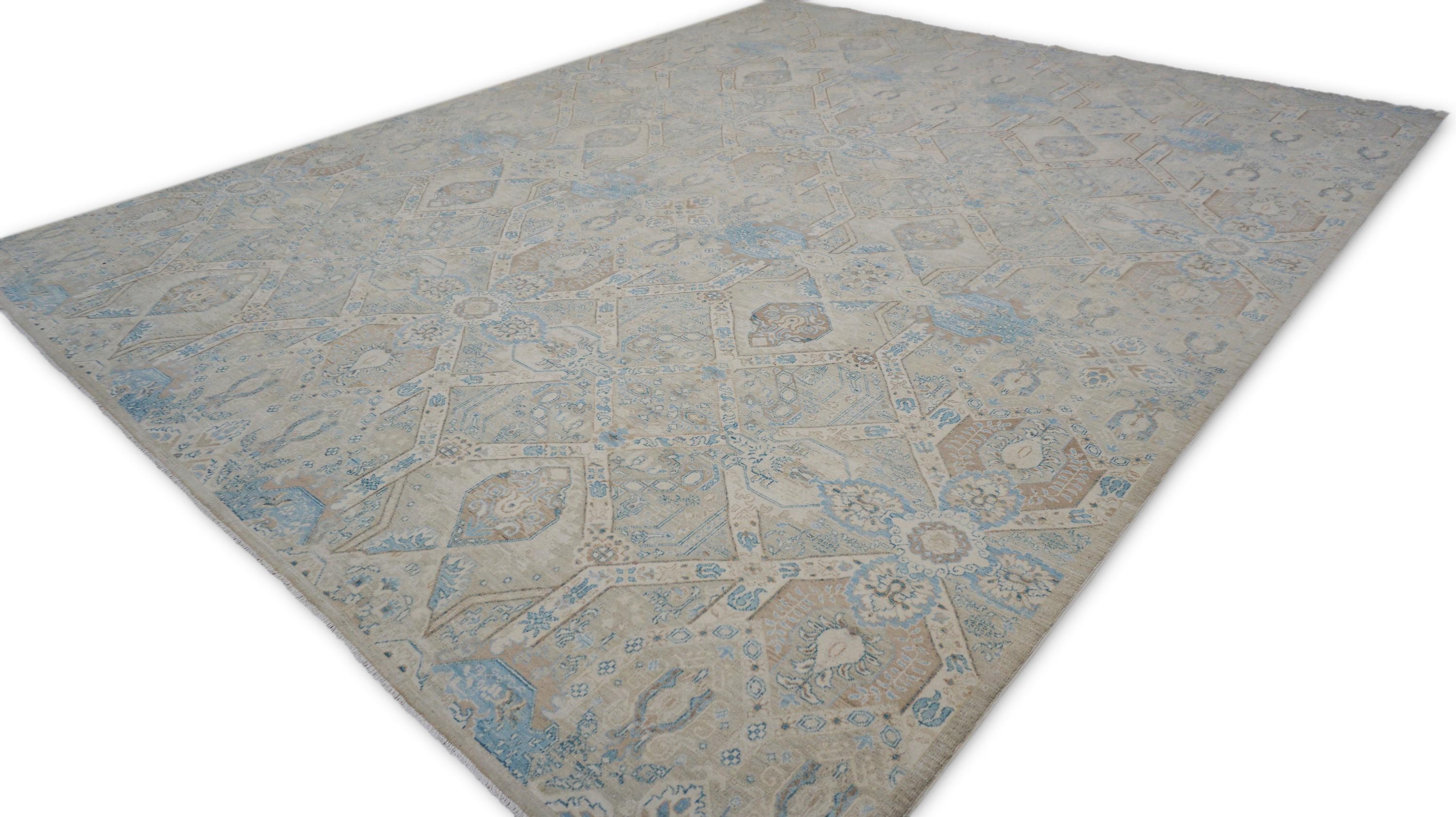 Pakistano Tappeto neo-classico in lana pregiata blu e avorio stile Oushak 8'x9'9'' in vendita
