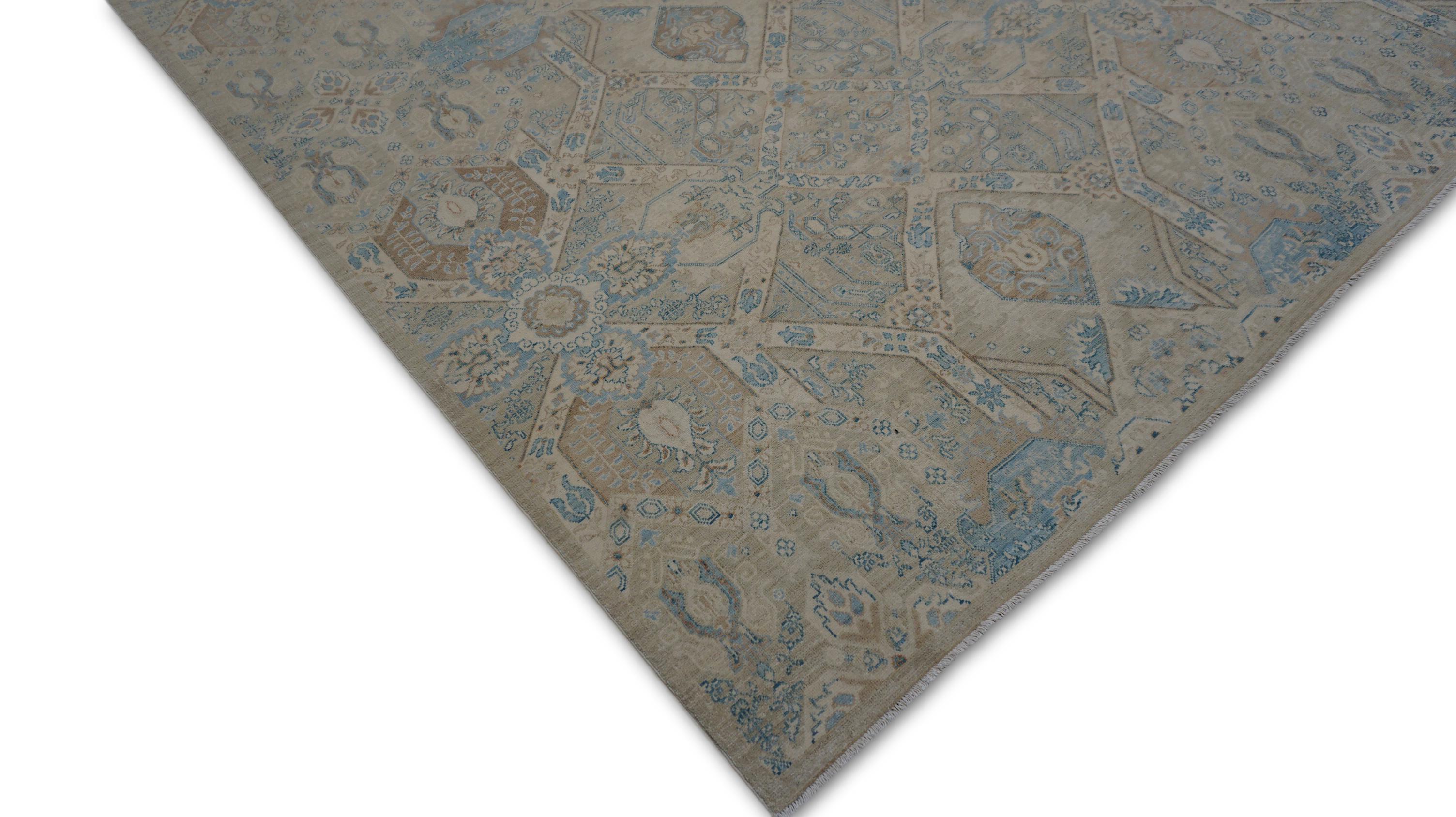 Lana Tappeto neo-classico in lana pregiata blu e avorio stile Oushak 8'x9'9'' in vendita