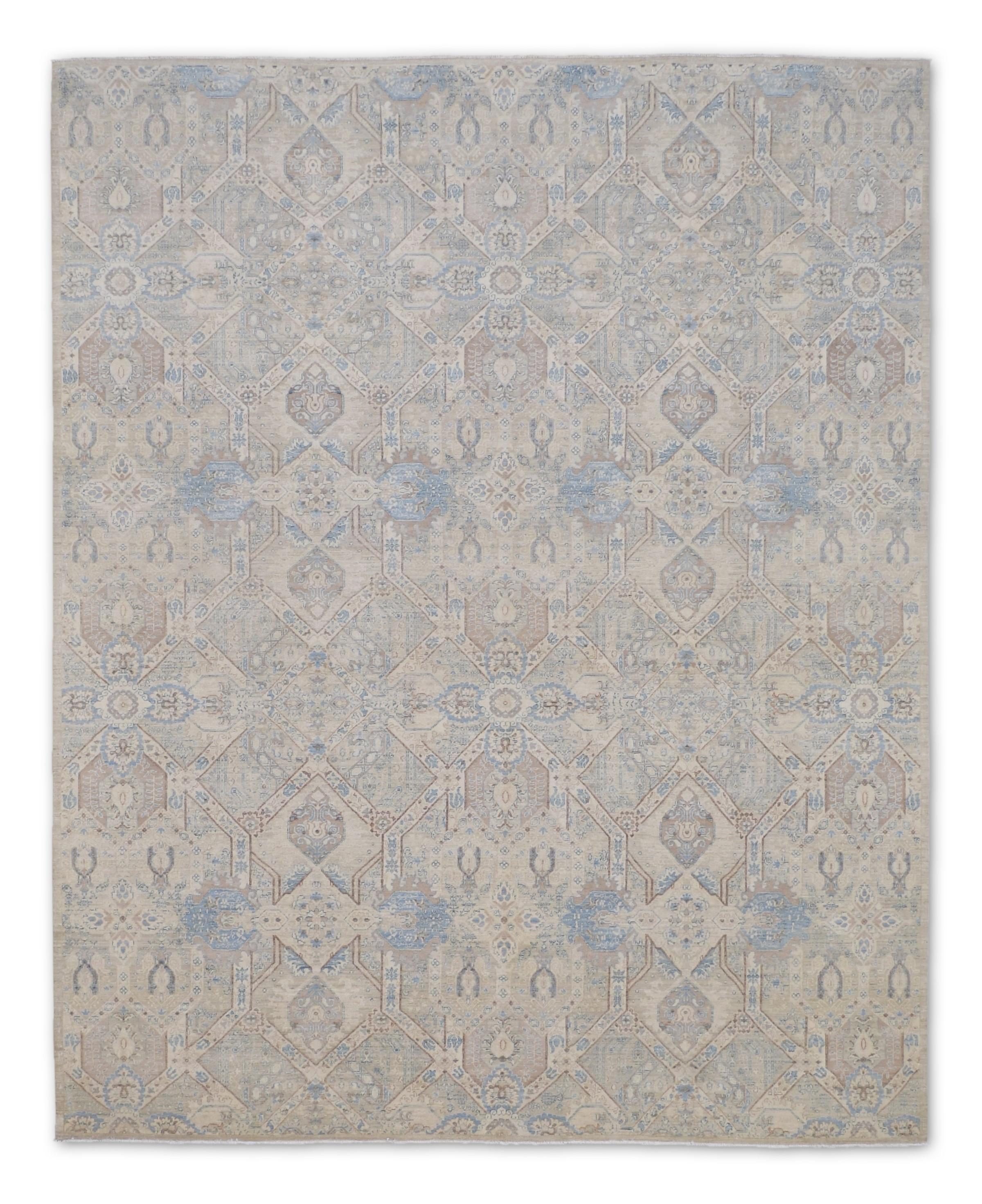 Alfombra neoclásica de lana fina estilo oushak azul y marfil 8'x9'9''