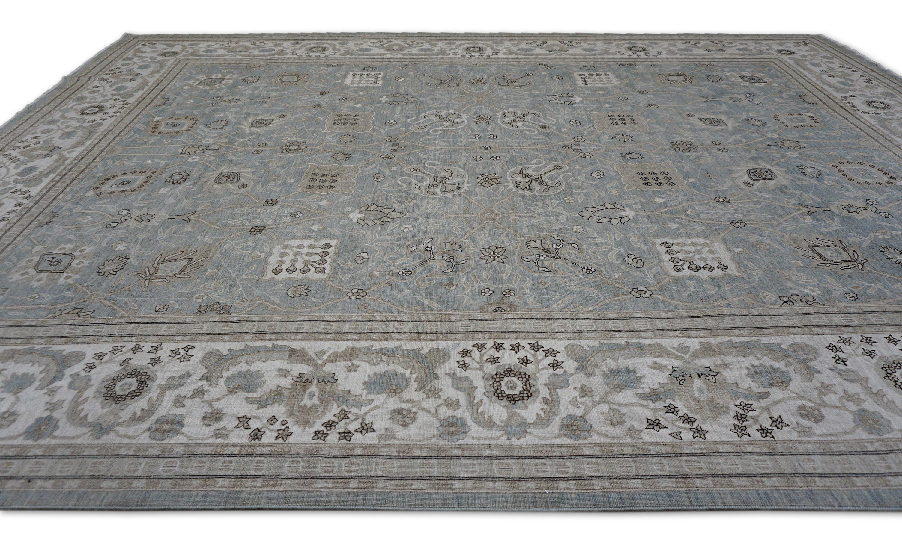 Pakistanais Tapis de laine néoclassique bleu gris taupe 8'11''x11'11'' en vente
