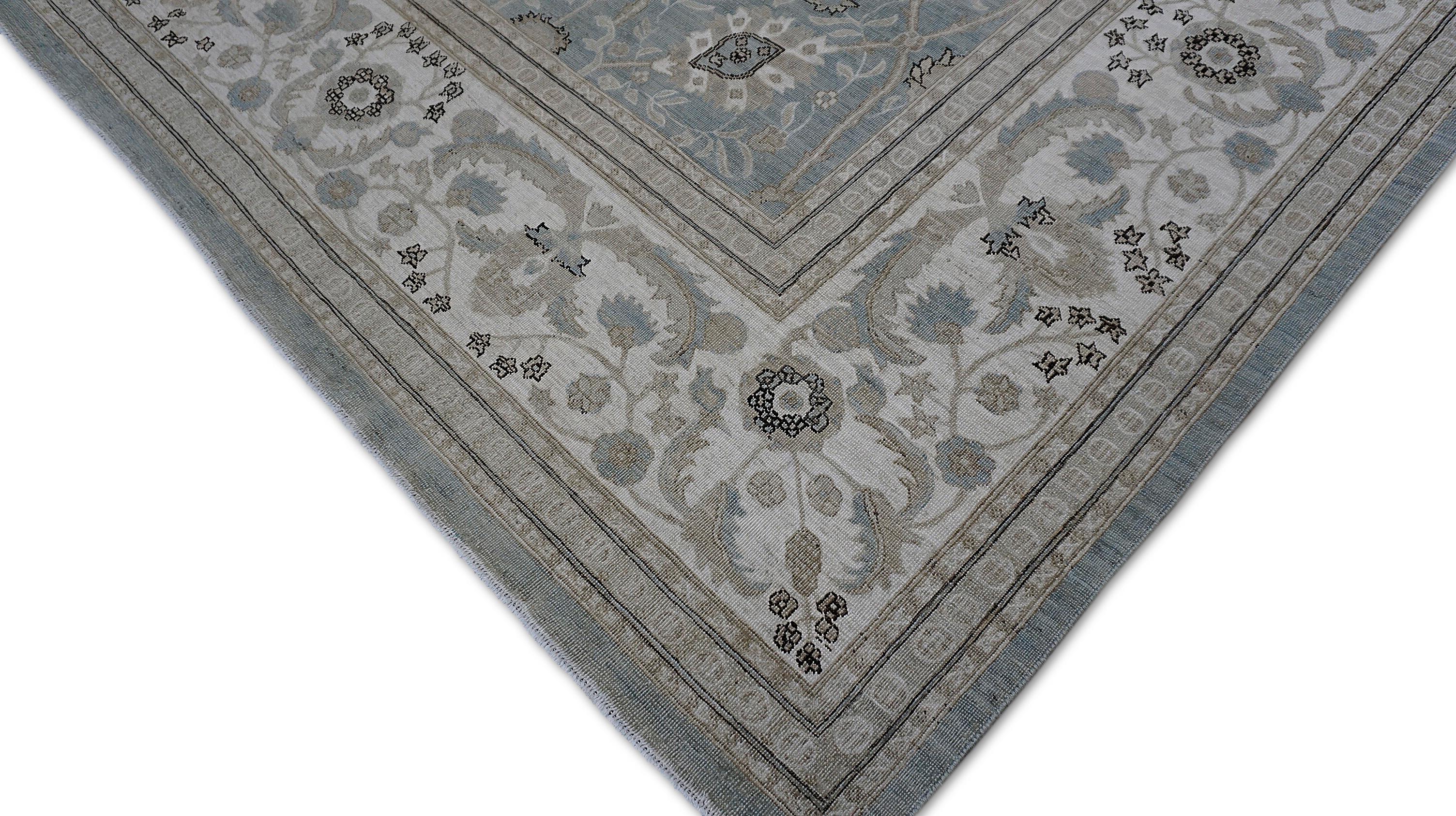 Noué à la main Tapis de laine néoclassique bleu gris taupe 8'11''x11'11'' en vente