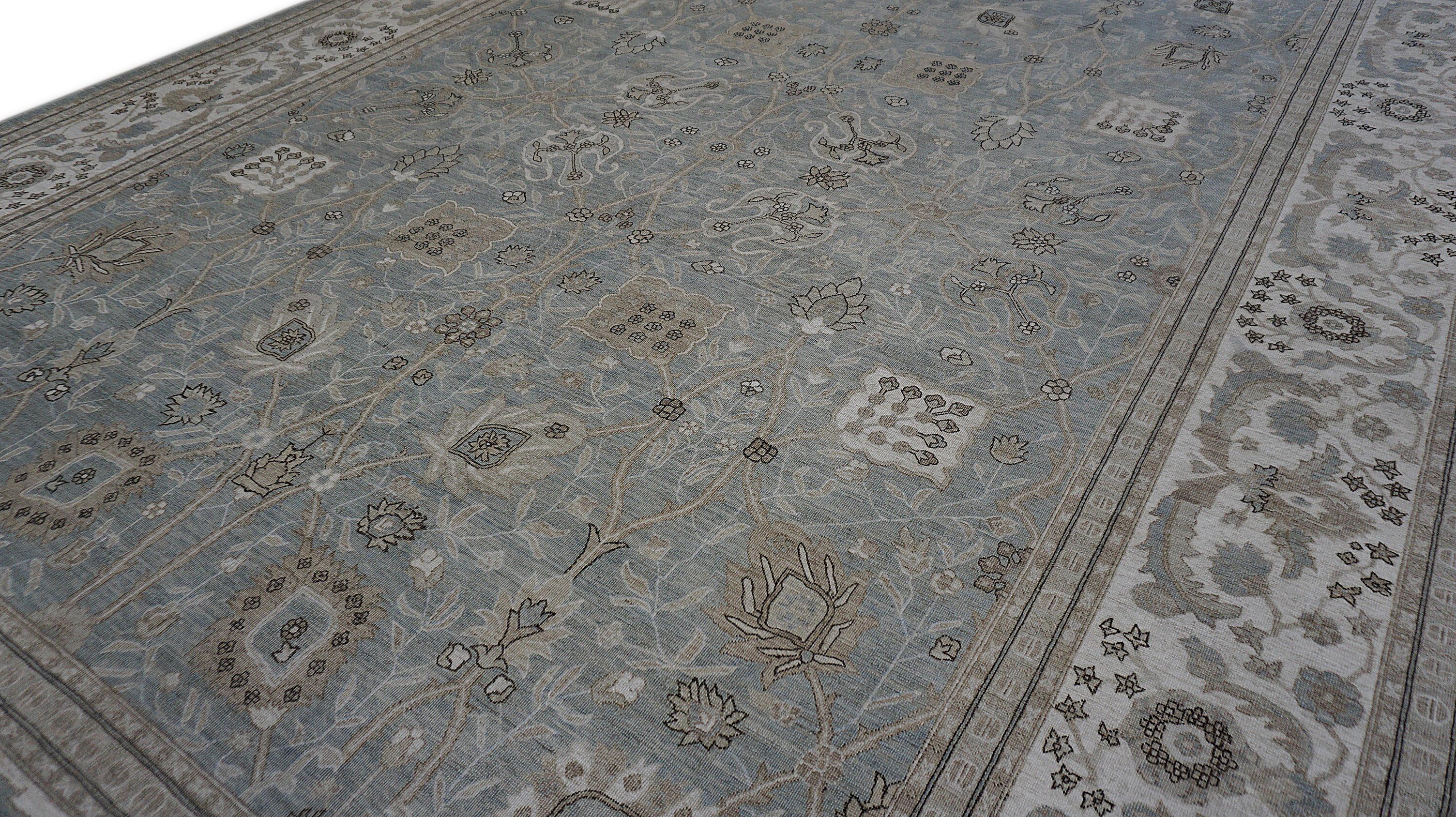 Laine Tapis de laine néoclassique bleu gris taupe 8'11''x11'11'' en vente