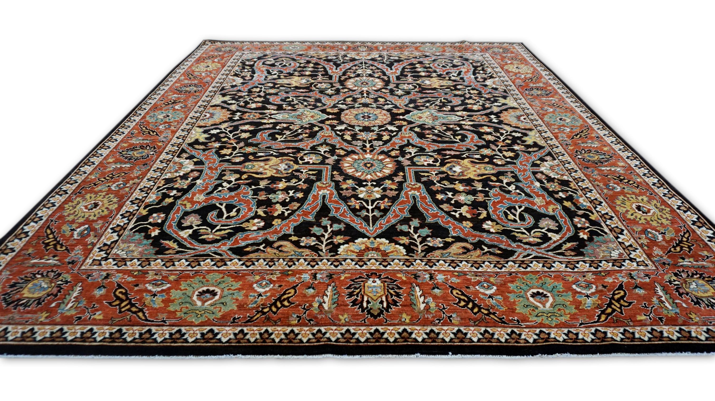 Pakistani Neo-Classical Brown and Rich Tones Wool Rug 8'x9'8'' For Sale
