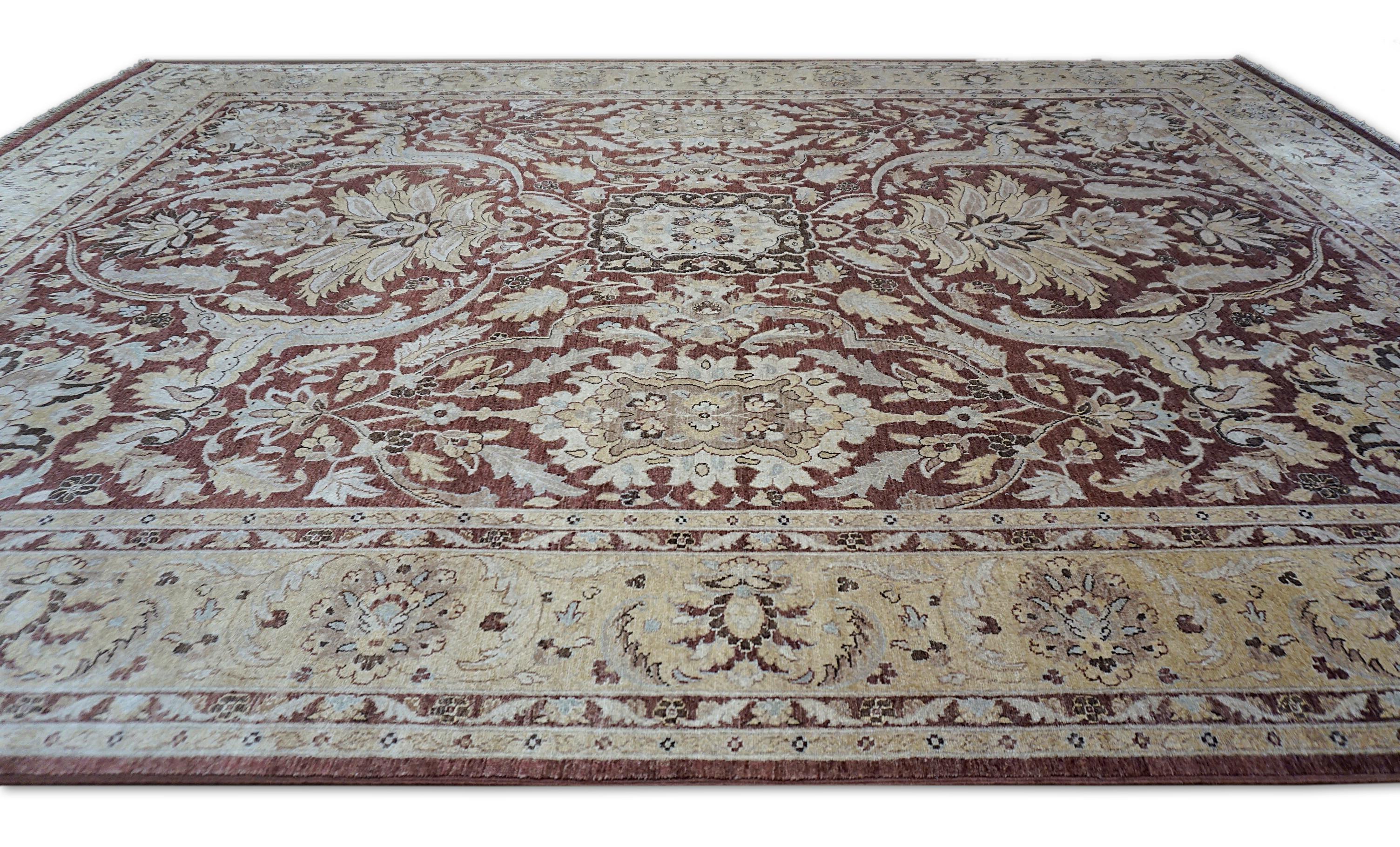 Neoclassico Tappeto Neo-Classico in Campo Marrone con Lana Beige 8'10''x12'3'' in vendita