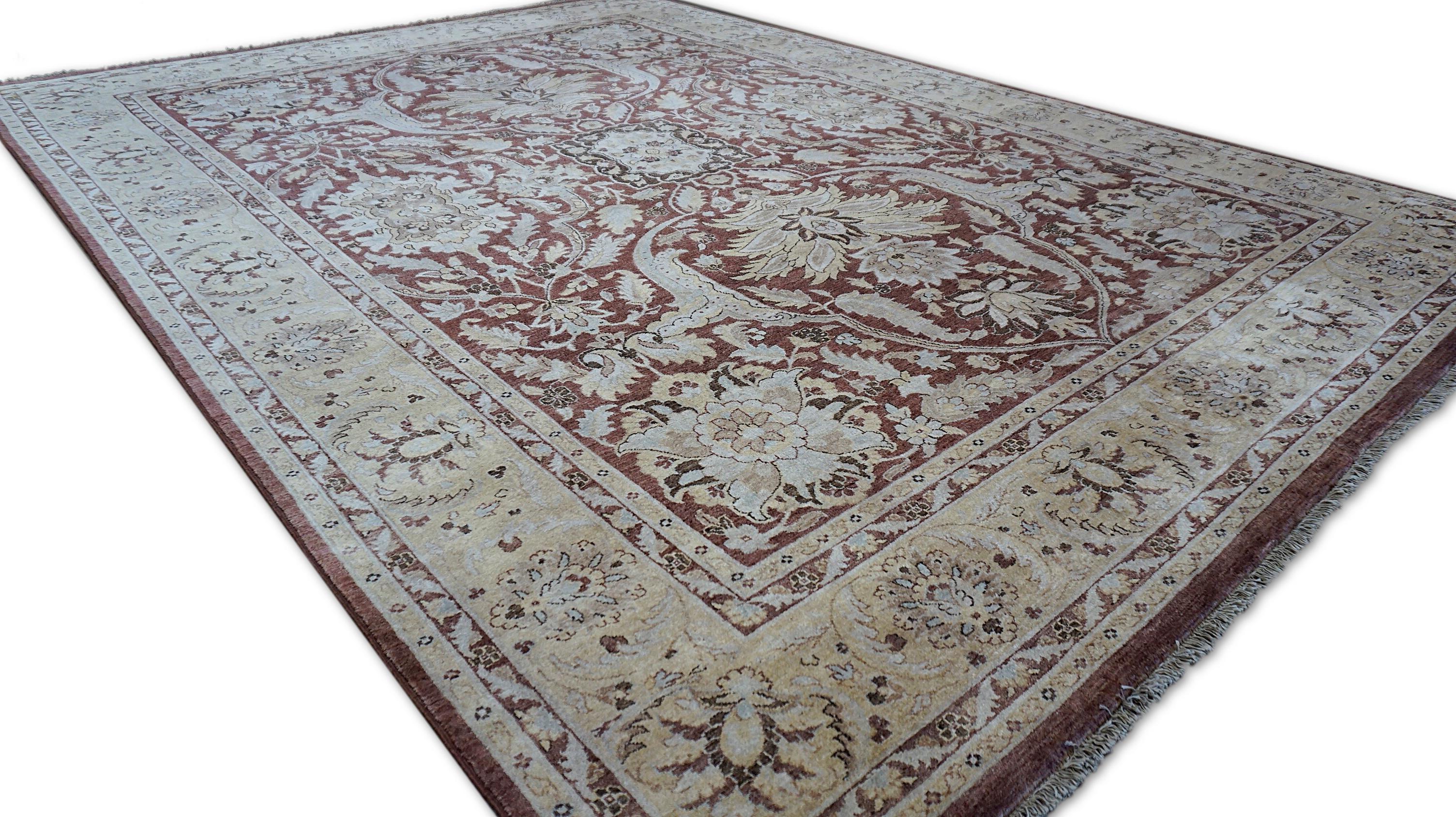 Annodato a mano Tappeto Neo-Classico in Campo Marrone con Lana Beige 8'10''x12'3'' in vendita