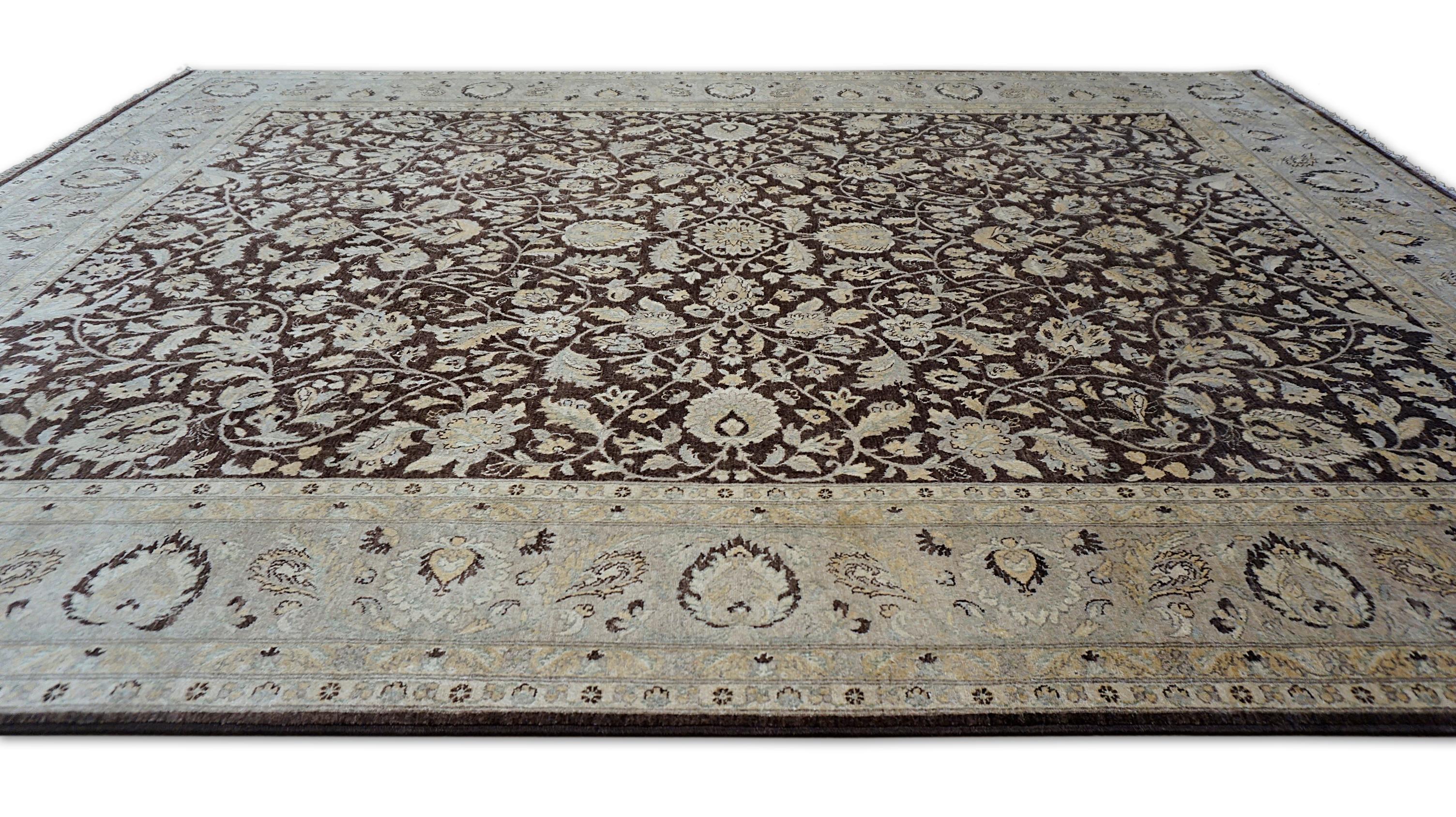 Neoclassical Neo-Classical Brown, Ivory, and Beige Sultanabad Style Wool Rug 8'10''x11'10'' For Sale