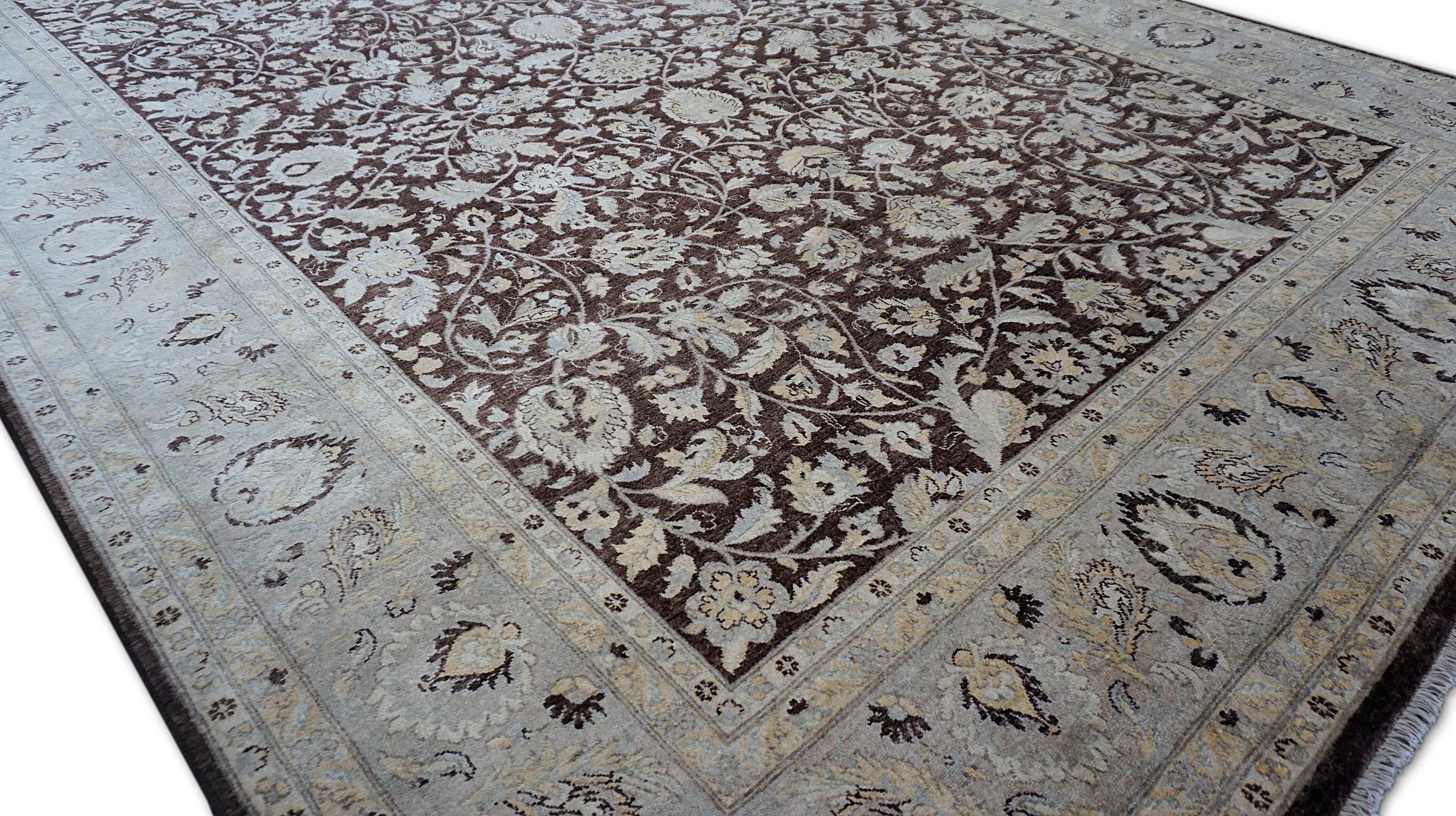 Pakistani Neo-Classical Brown, Ivory, and Beige Sultanabad Style Wool Rug 8'10''x11'10'' For Sale