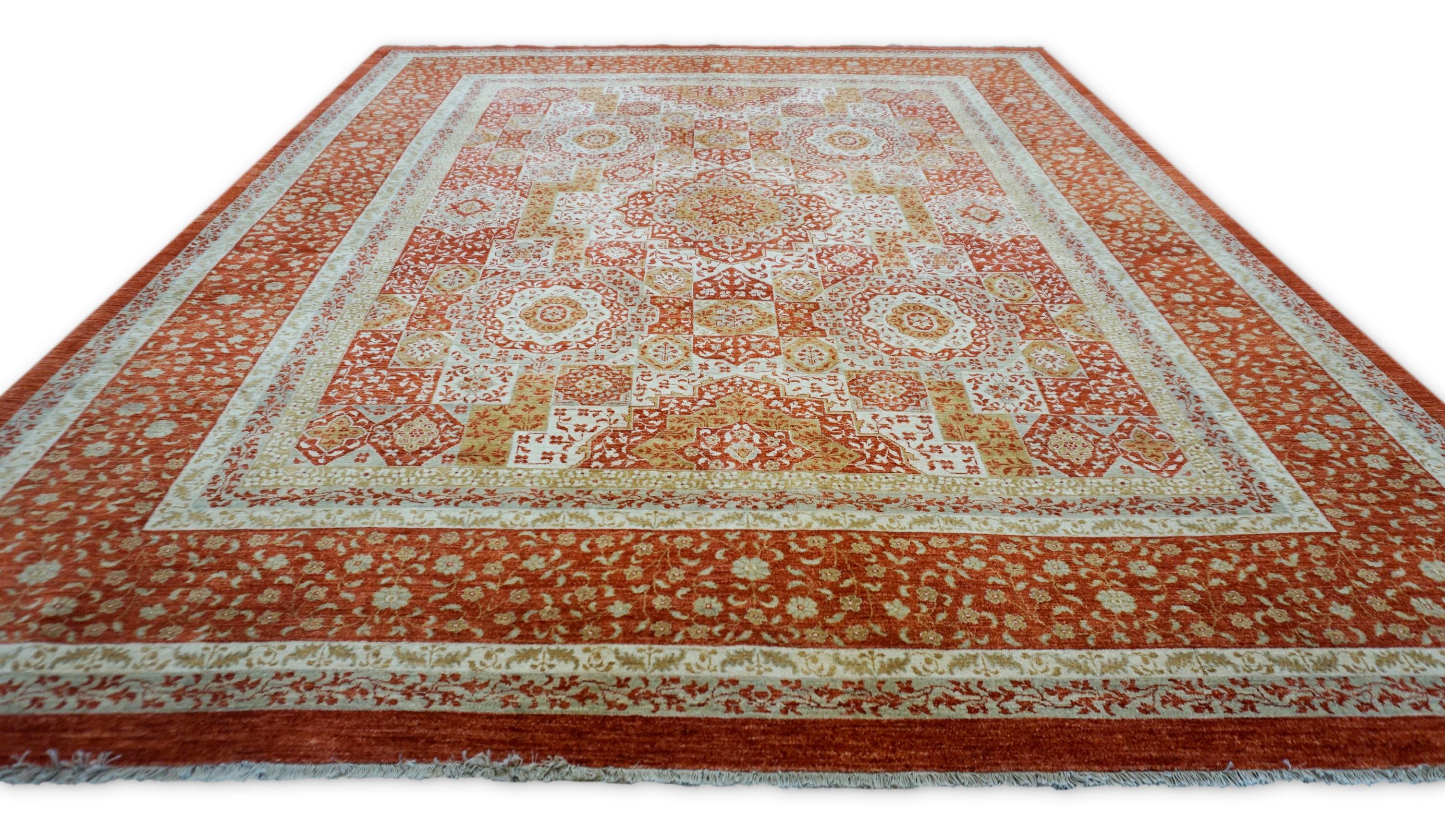Neoclassico Tappeto Neo-Classico in Lana Mamluke Arancio Bruciato e Avorio 8'5''x10'6'' in vendita