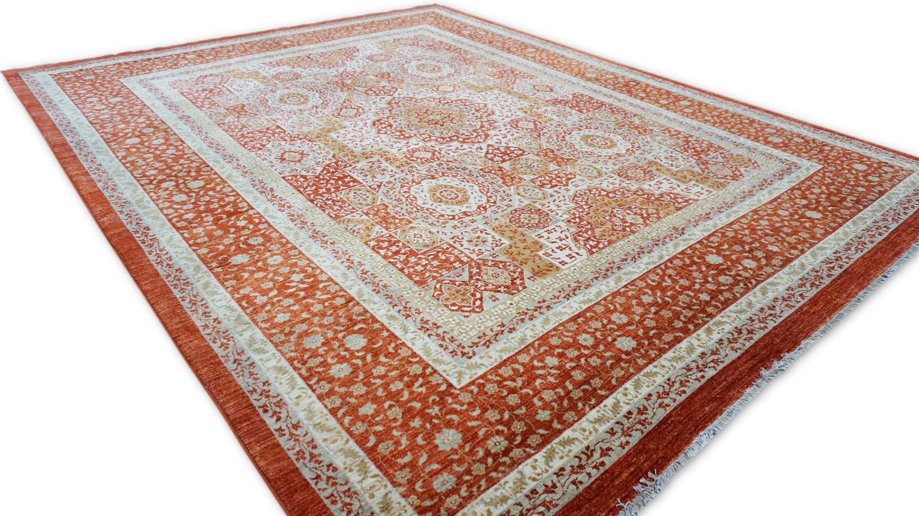 Pakistano Tappeto Neo-Classico in Lana Mamluke Arancio Bruciato e Avorio 8'5''x10'6'' in vendita