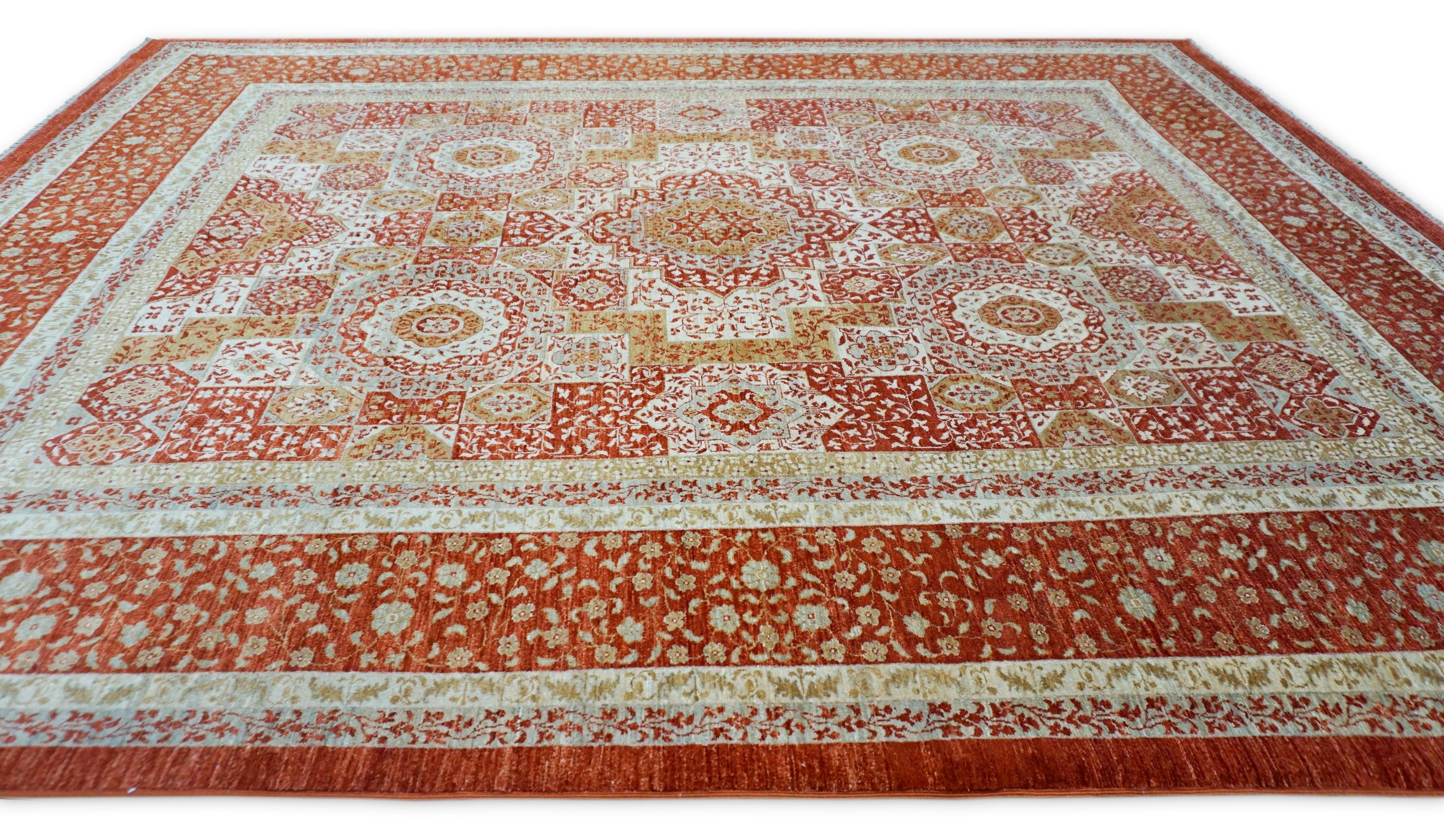 Annodato a mano Tappeto Neo-Classico in Lana Mamluke Arancio Bruciato e Avorio 8'5''x10'6'' in vendita