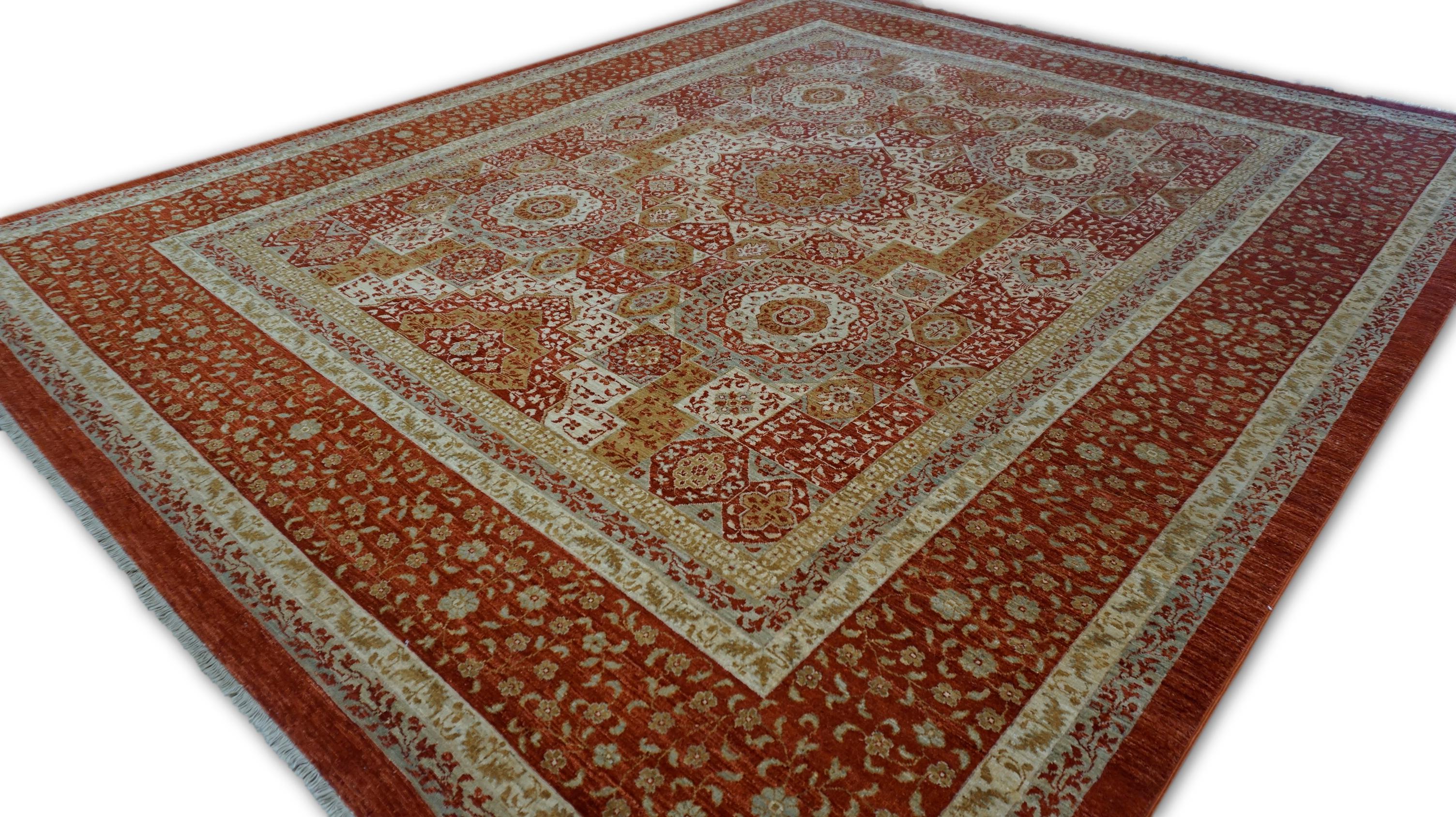 XXI secolo e contemporaneo Tappeto Neo-Classico in Lana Mamluke Arancio Bruciato e Avorio 8'5''x10'6'' in vendita