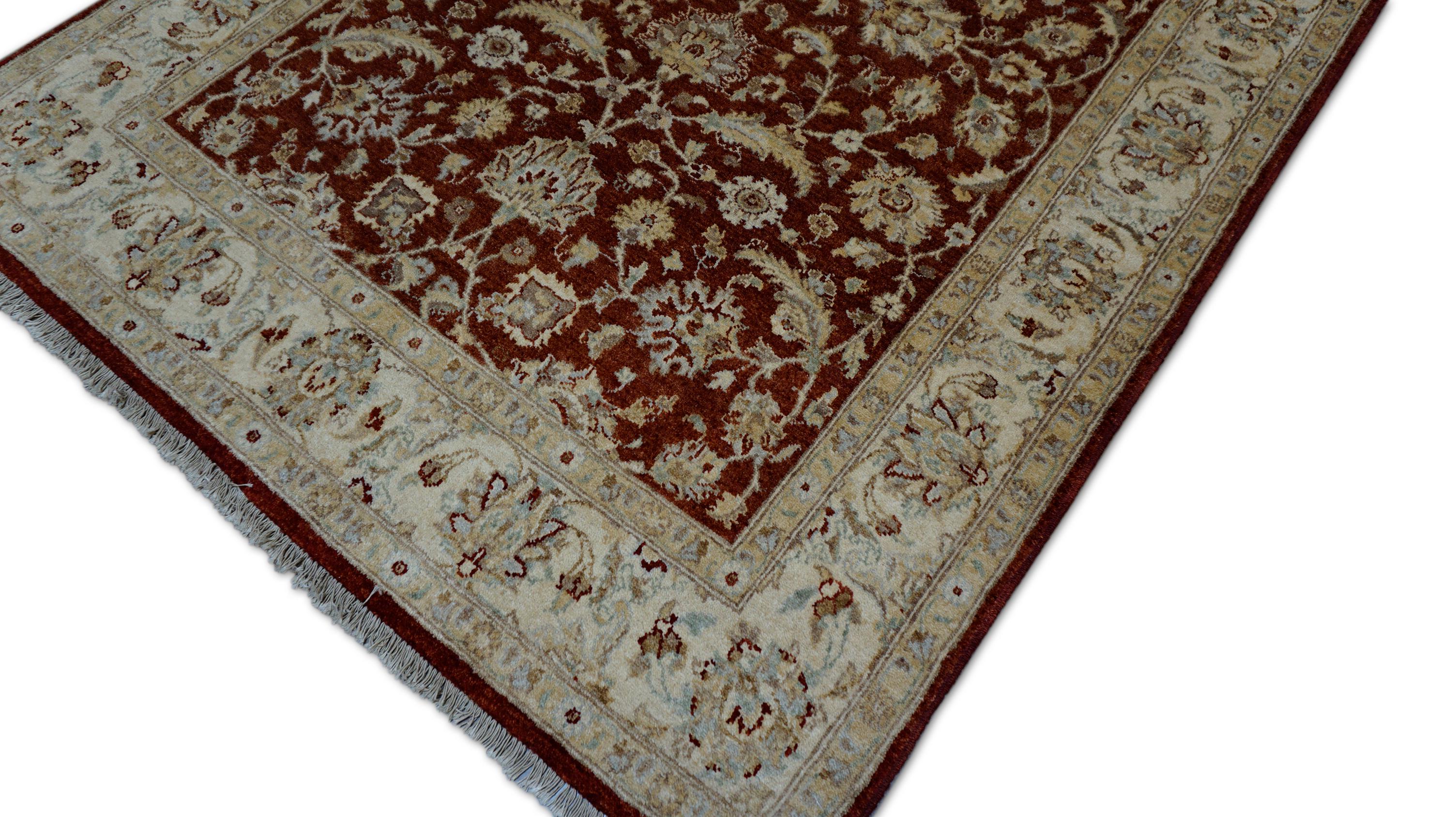 Noué à la main Tapis néoclassique orange brûlé beige à motifs floraux 4'10''x7' en vente