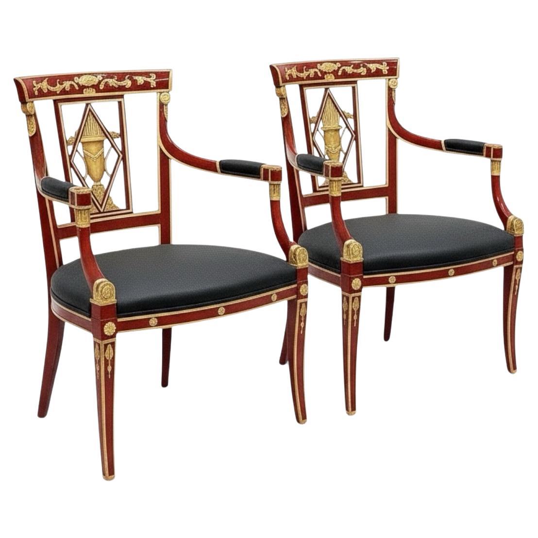Neo-Classical Carved And Painted Arm Chairs Att. To David Michel - Pair For Sale