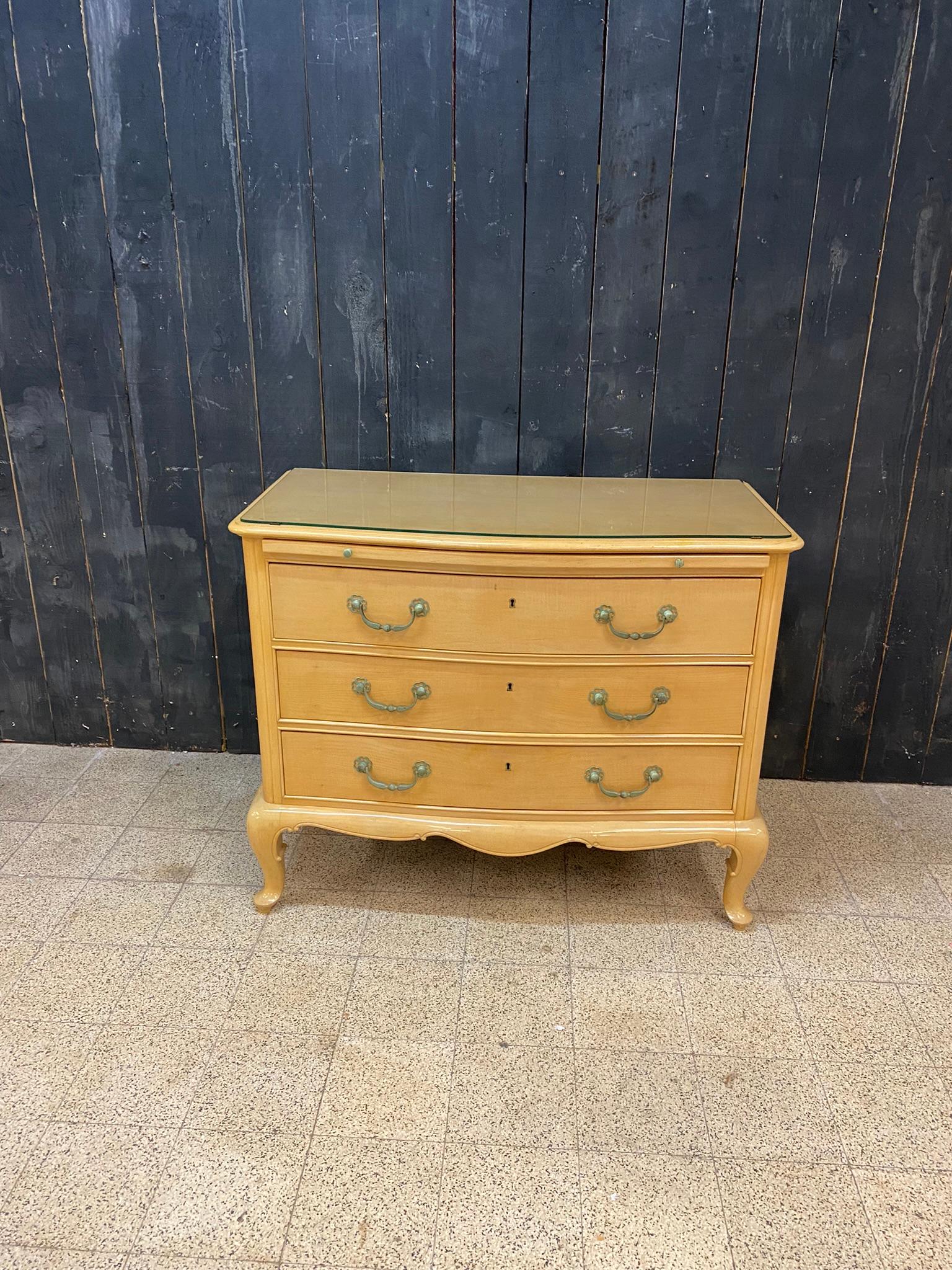 Art Deco Neo-Classical Chest of Drawers in Sycamore and Patinated Bronze, circa 1940/1950 For Sale