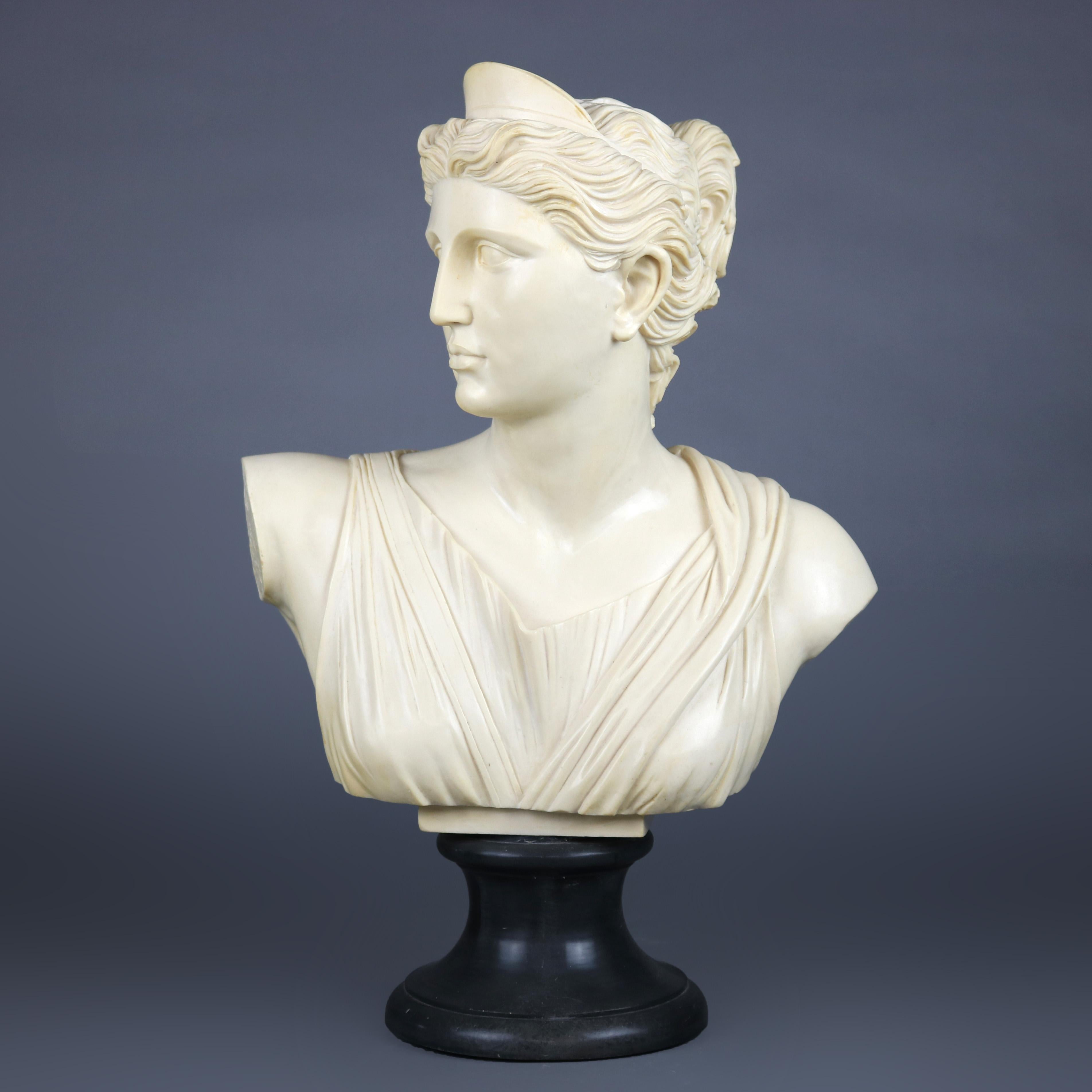Neoclassical composition portrait bust of classical Greek Artemis or the Greek Diana of Versailles, raised on stepped plinth, en verso signed A. Santini, 20th century

Measures: 19.5