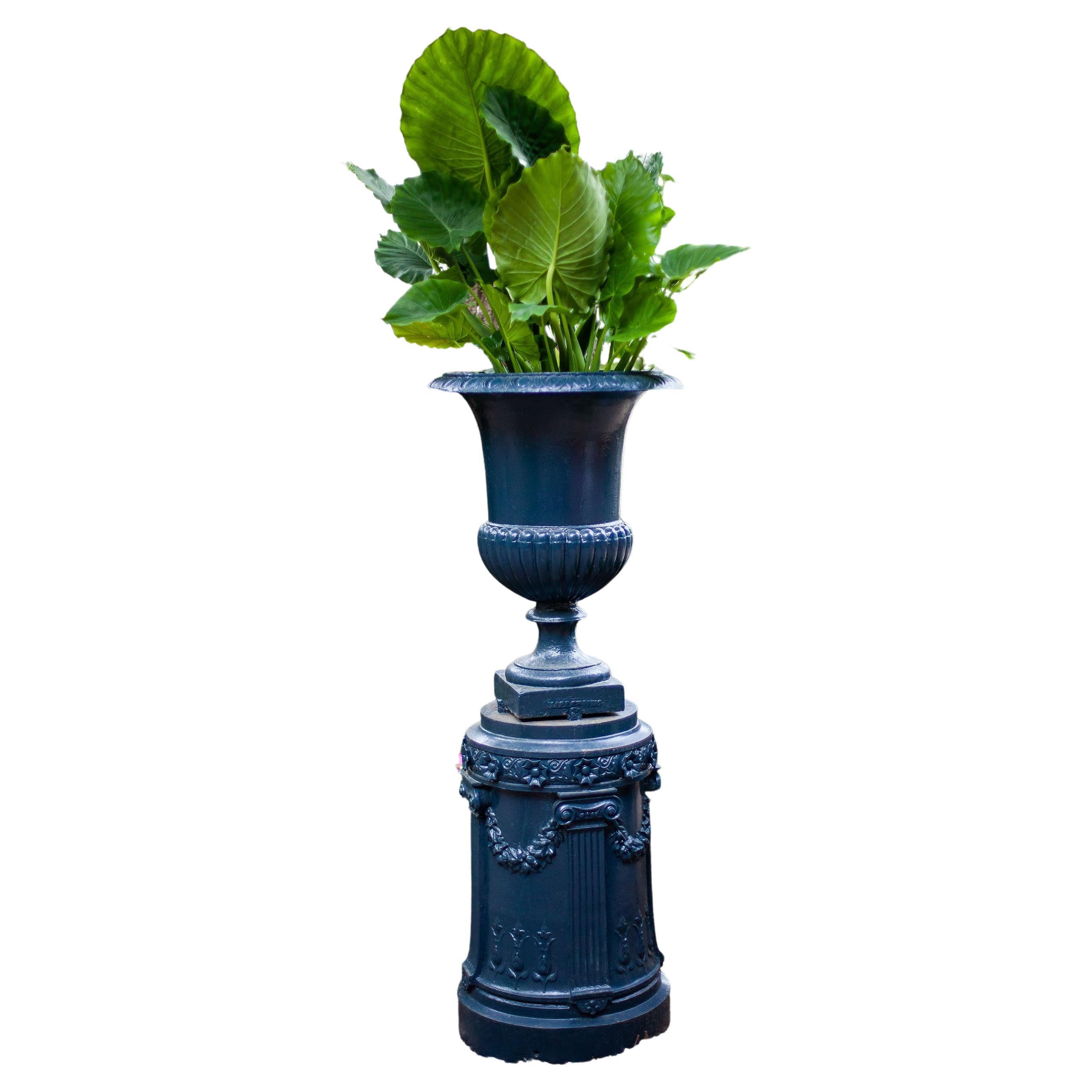 Neo-classical Egg and Dart Vintage Iron Urn on Plinth For Sale
