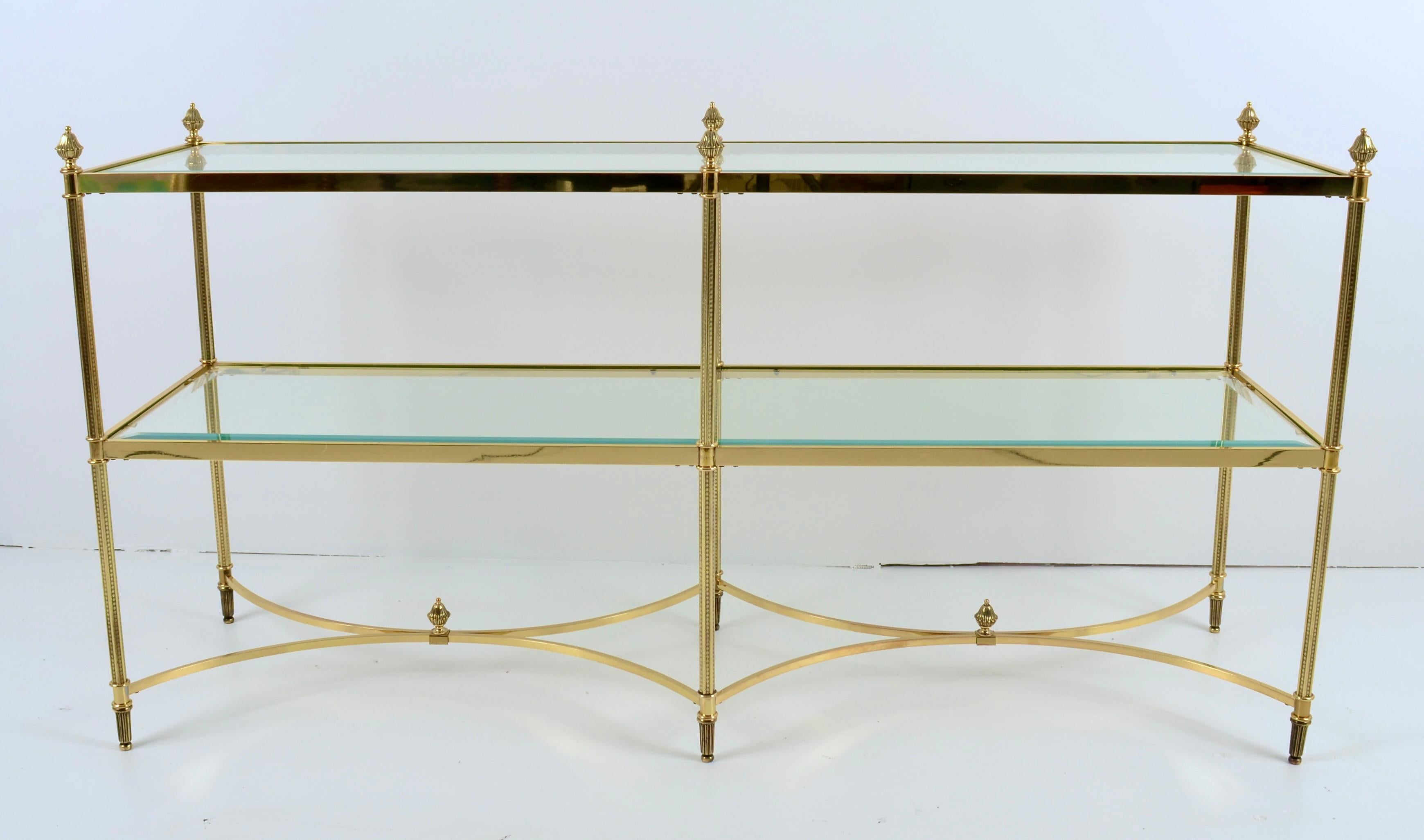 Neoclassical Neo-classical Form Sofa Table in Polished Brass w/ Beveled Glass Shelves For Sale