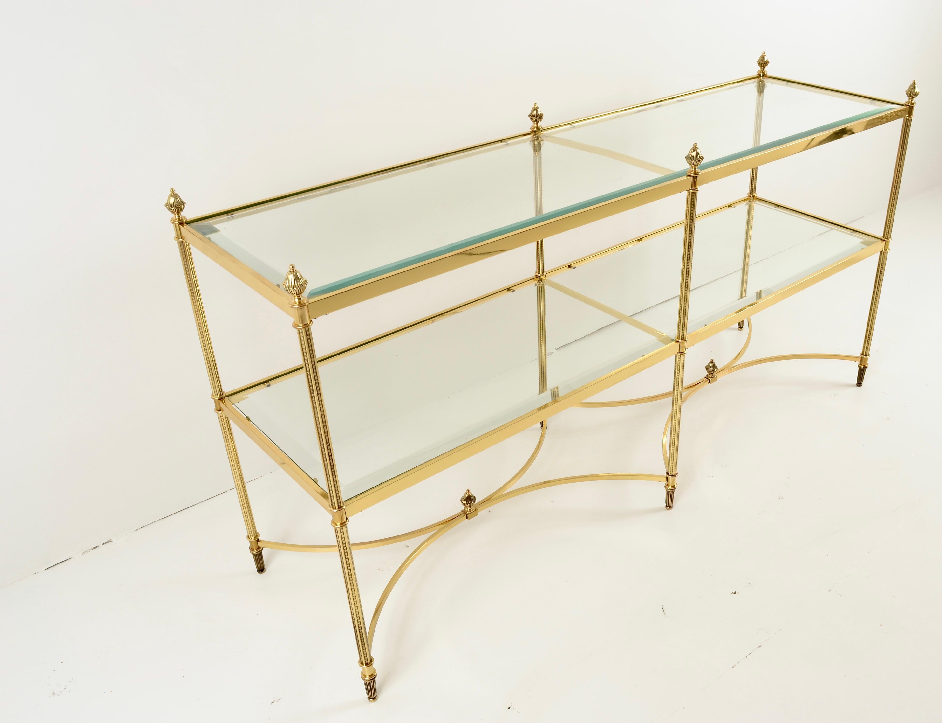American Neo-classical Form Sofa Table in Polished Brass w/ Beveled Glass Shelves For Sale