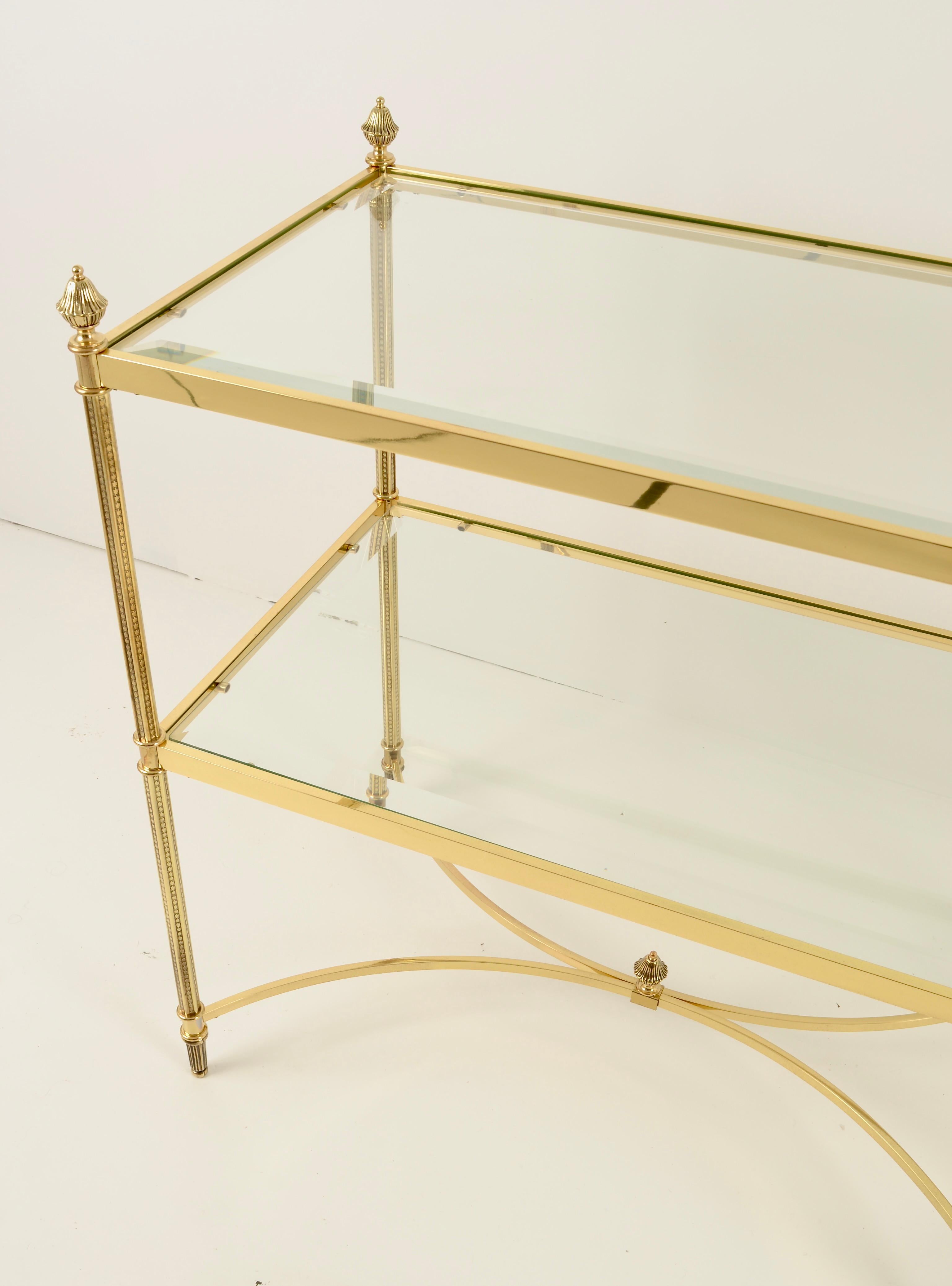 Neo-classical Form Sofa Table in Polished Brass w/ Beveled Glass Shelves In Good Condition For Sale In Norwalk, CT