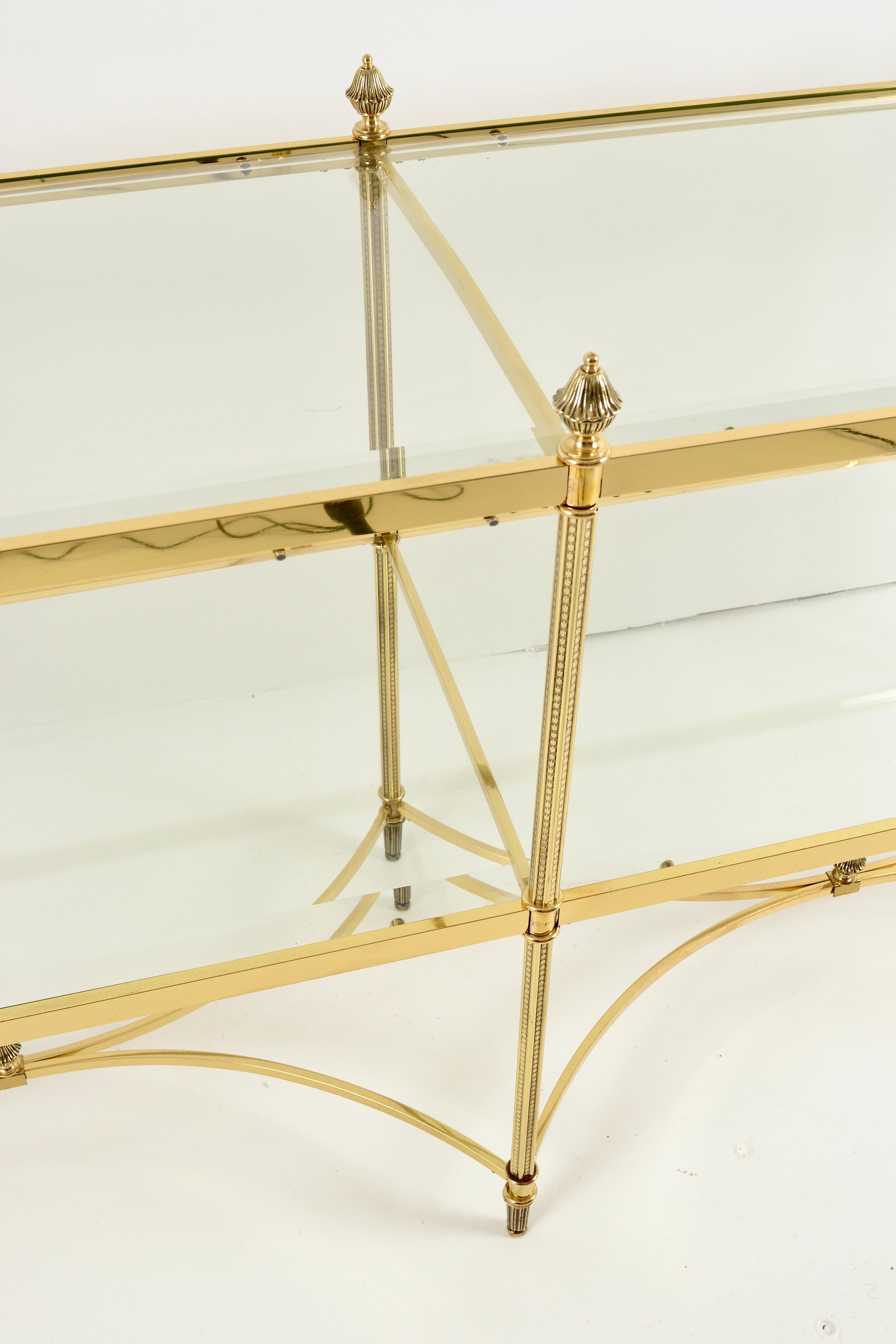 Late 20th Century Neo-classical Form Sofa Table in Polished Brass w/ Beveled Glass Shelves For Sale