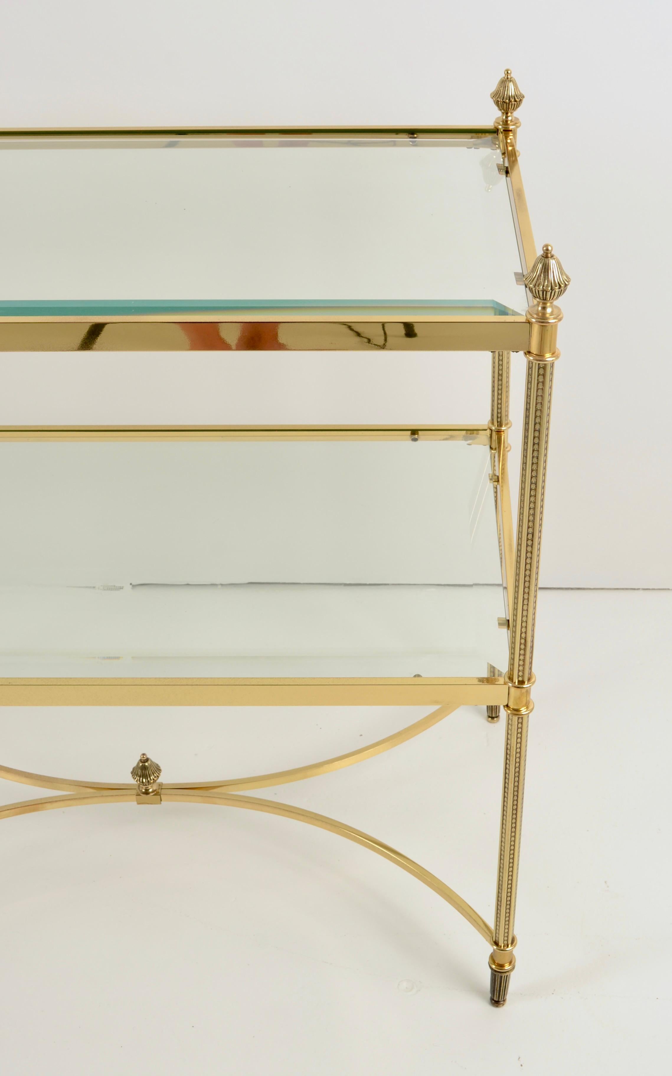 Neo-classical Form Sofa Table in Polished Brass w/ Beveled Glass Shelves For Sale 1