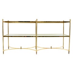 Neo-classical Form Sofa Table in Polished Brass w/ Beveled Glass Shelves