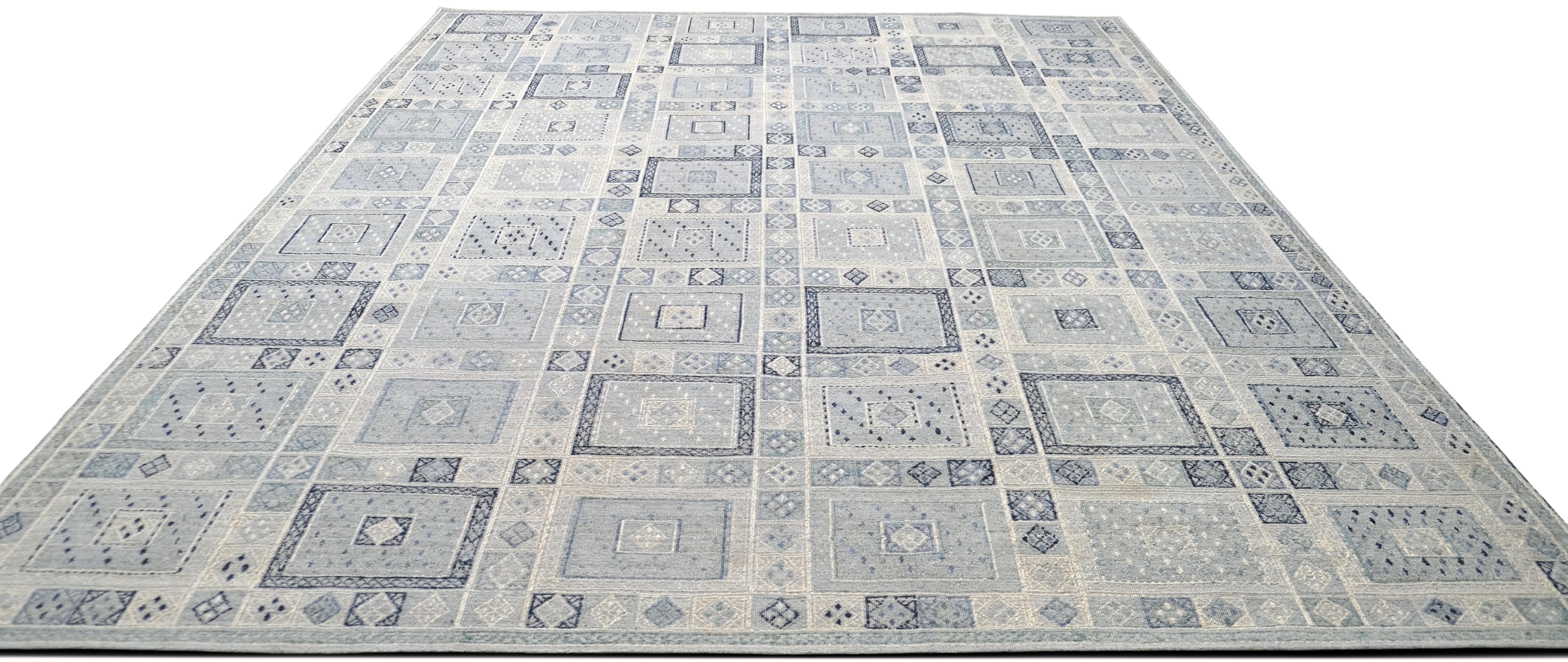 Annodato a mano Tappeto Neo Classico Geometrico in Lana Annodato a Mano 9'2''x12' in vendita