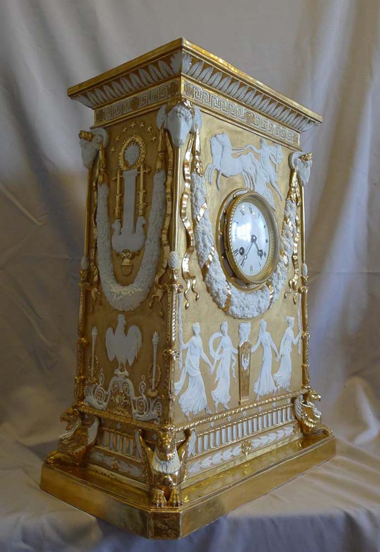 French Neo-Classical Gilded and Natural Bisque Mantel Clock For Sale