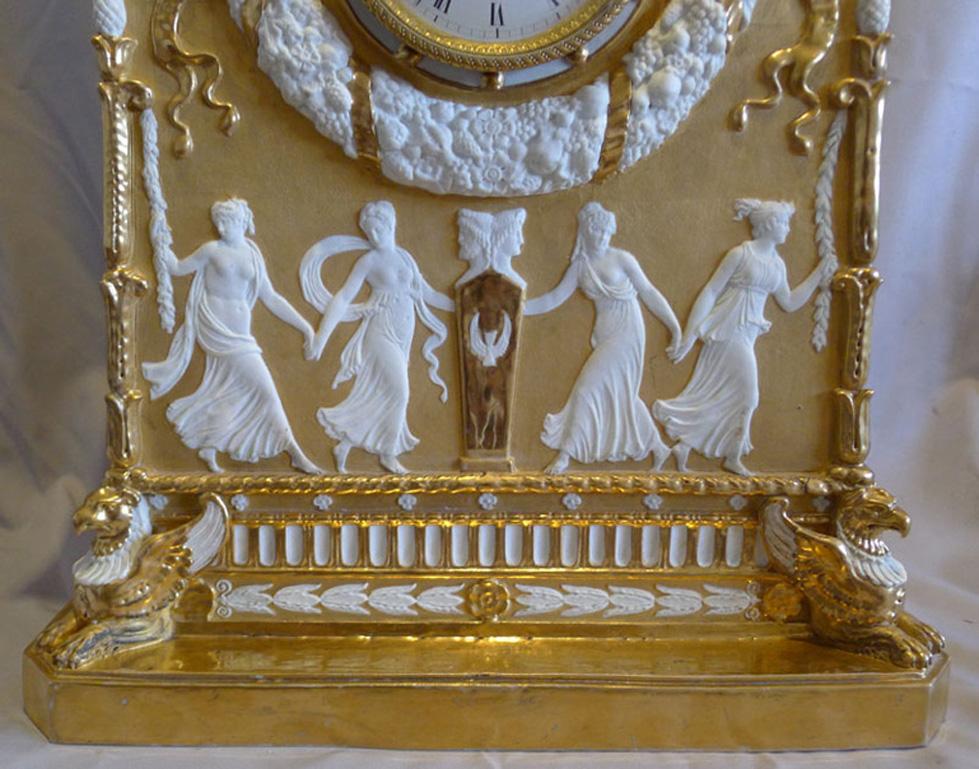 Neo-Classical Gilded and Natural Bisque Mantel Clock For Sale 1