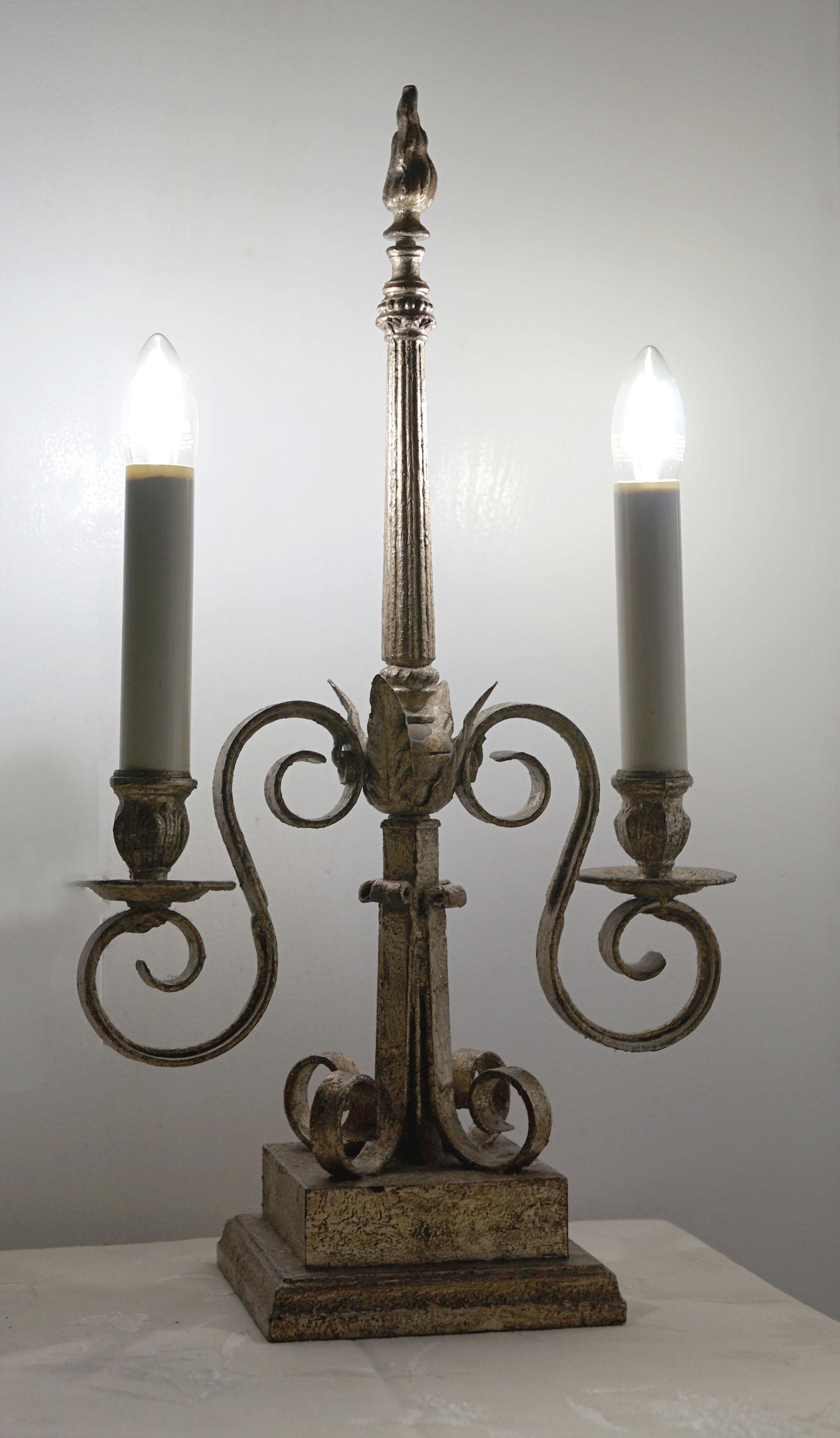 20th Century Neoclassical Gilt Candelabra Style Two Candle Table Lamp For Sale