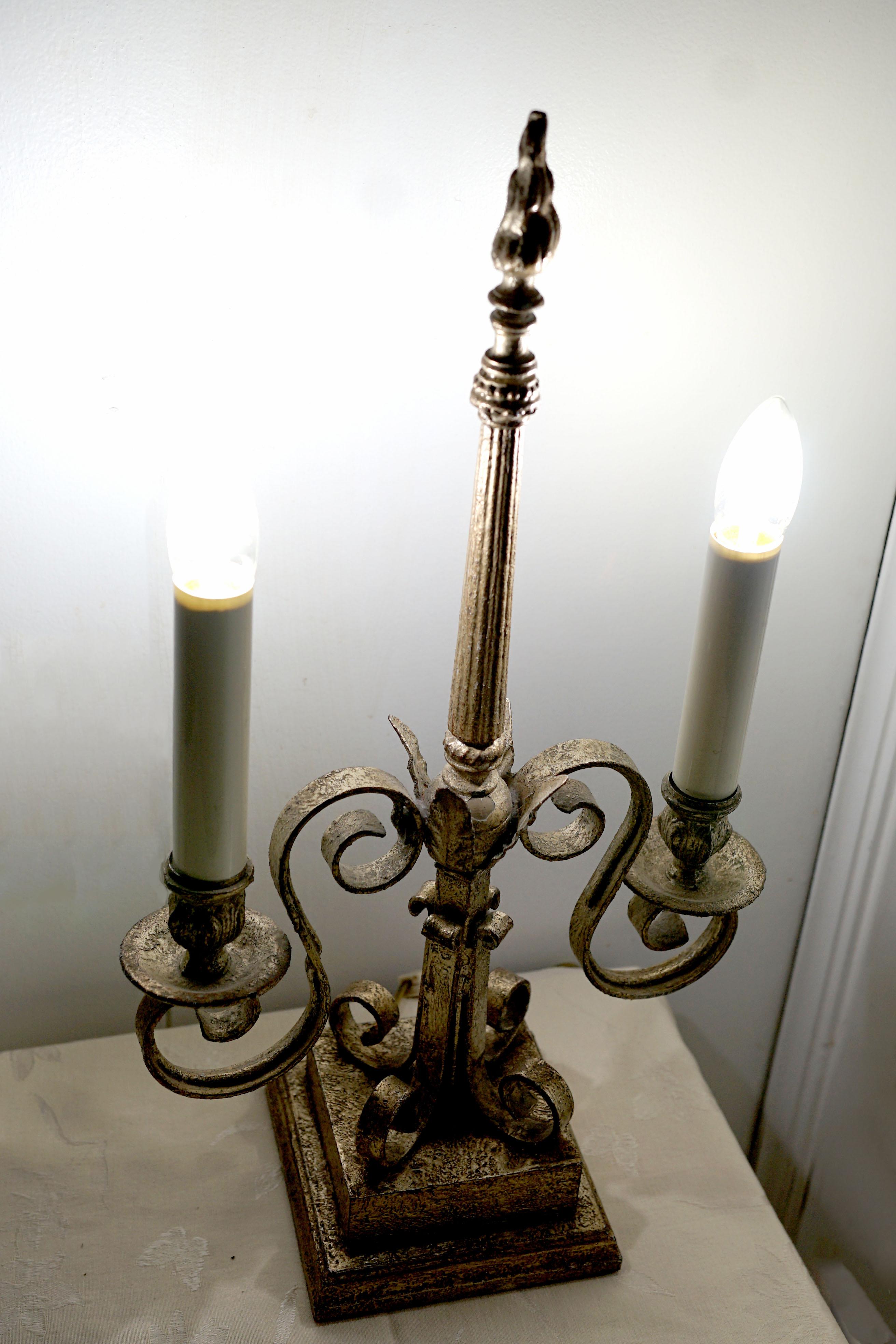 Iron Neoclassical Gilt Candelabra Style Two Candle Table Lamp For Sale
