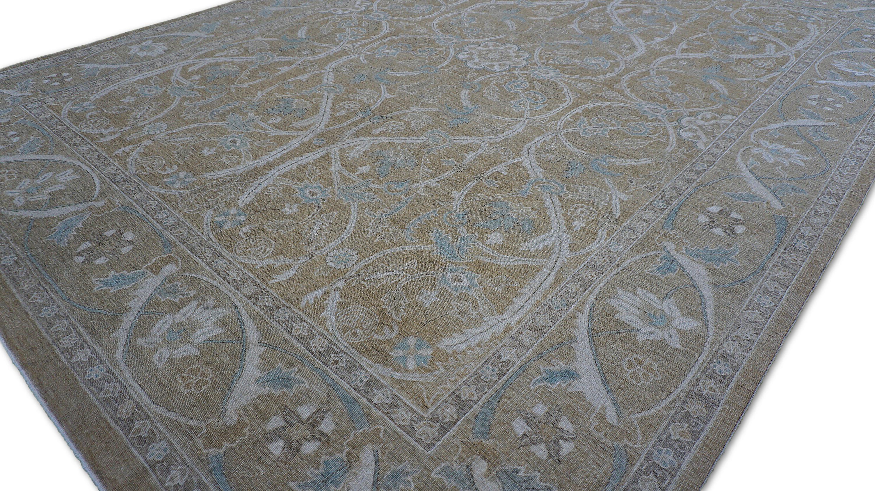 Neoklassische Gold und Tan Floral und Vine Motiv Wolle Teppich 8'9''x11'7'' (Handgeknüpft) im Angebot