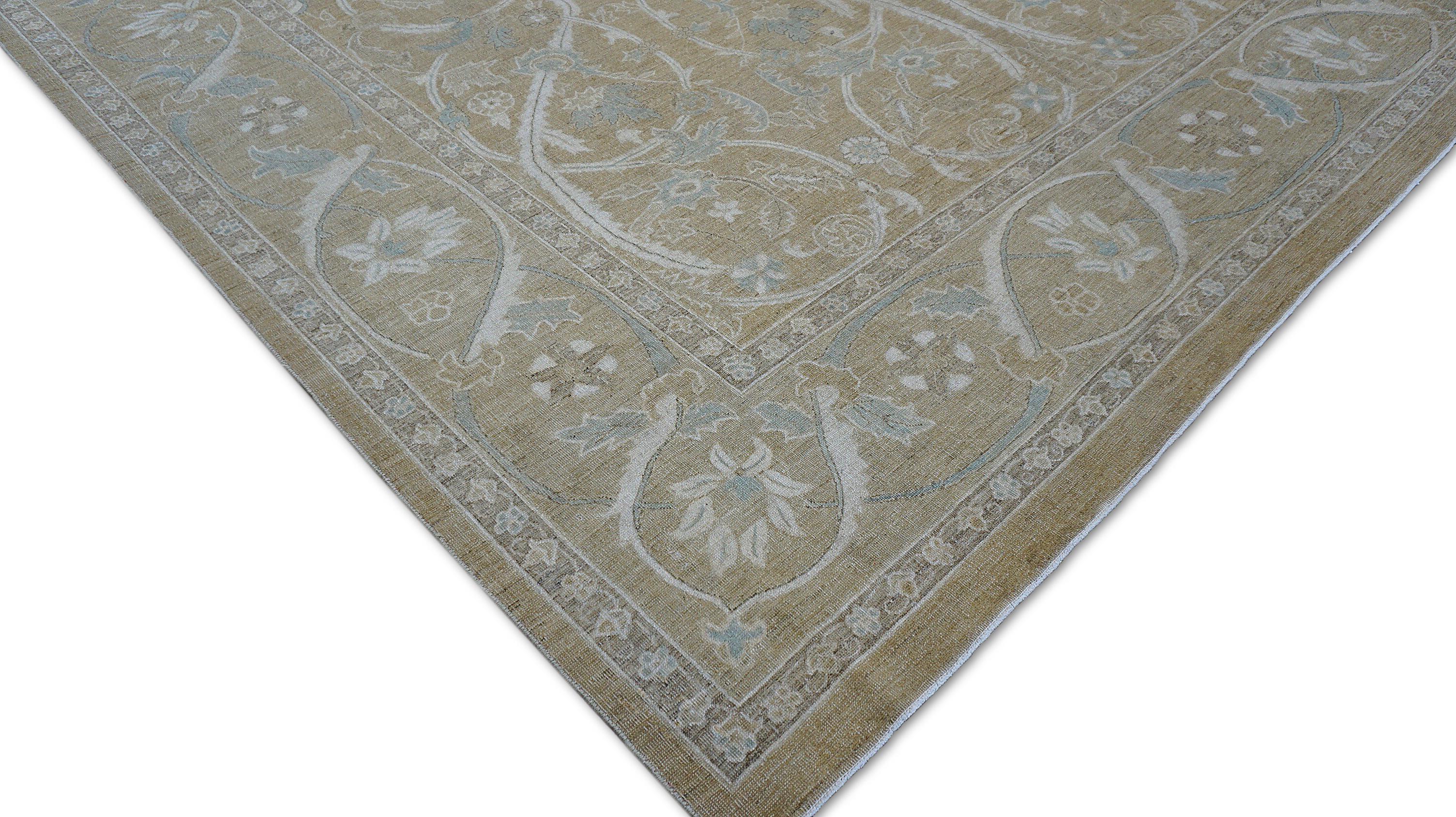 Neoklassische Gold und Tan Floral und Vine Motiv Wolle Teppich 8'9''x11'7'' im Zustand „Neu“ im Angebot in Torrance, CA