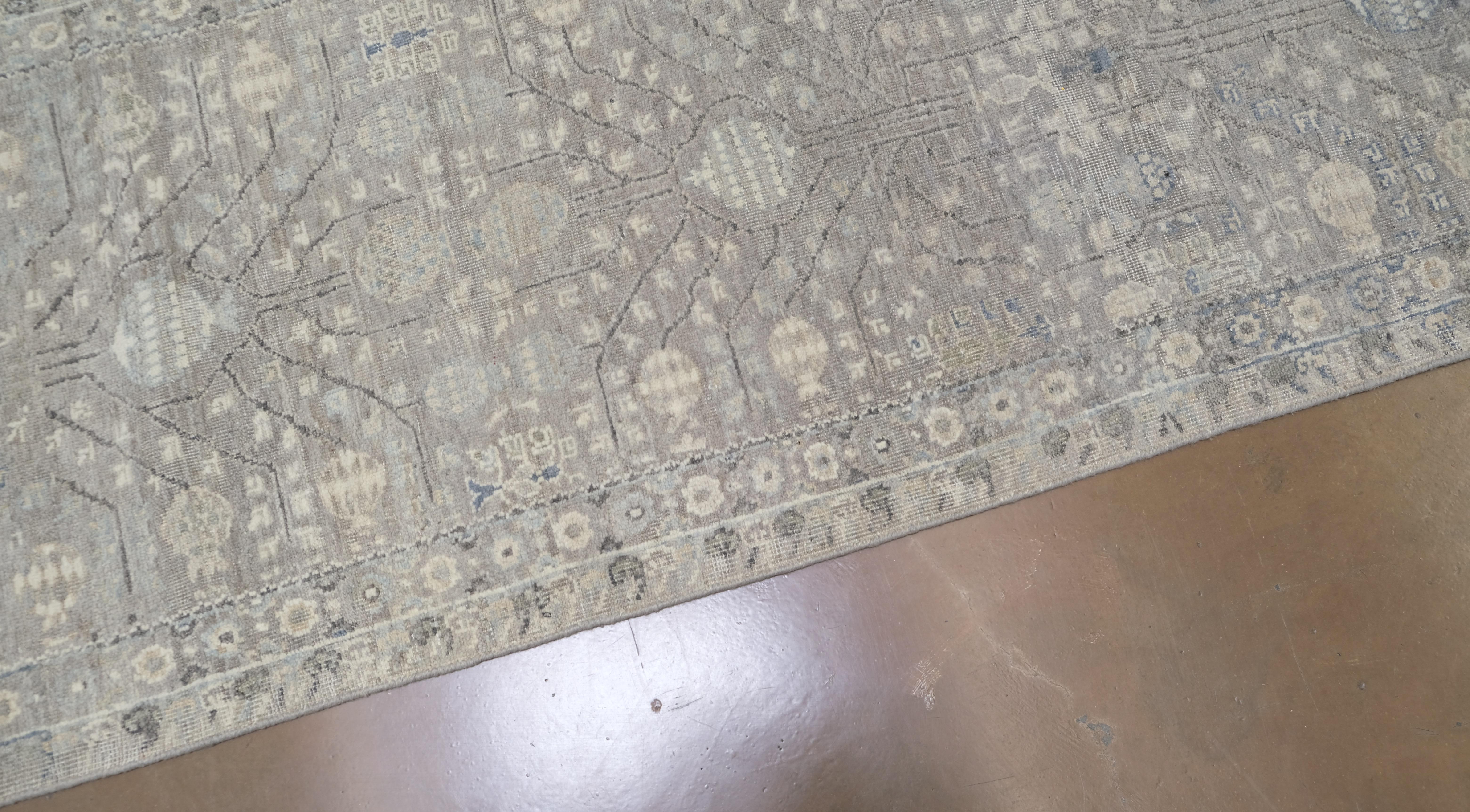 Neoclassico Tappeto Neo-Classico Grigio e Beige in Lana Distressed 2'6''x15'7'' in vendita