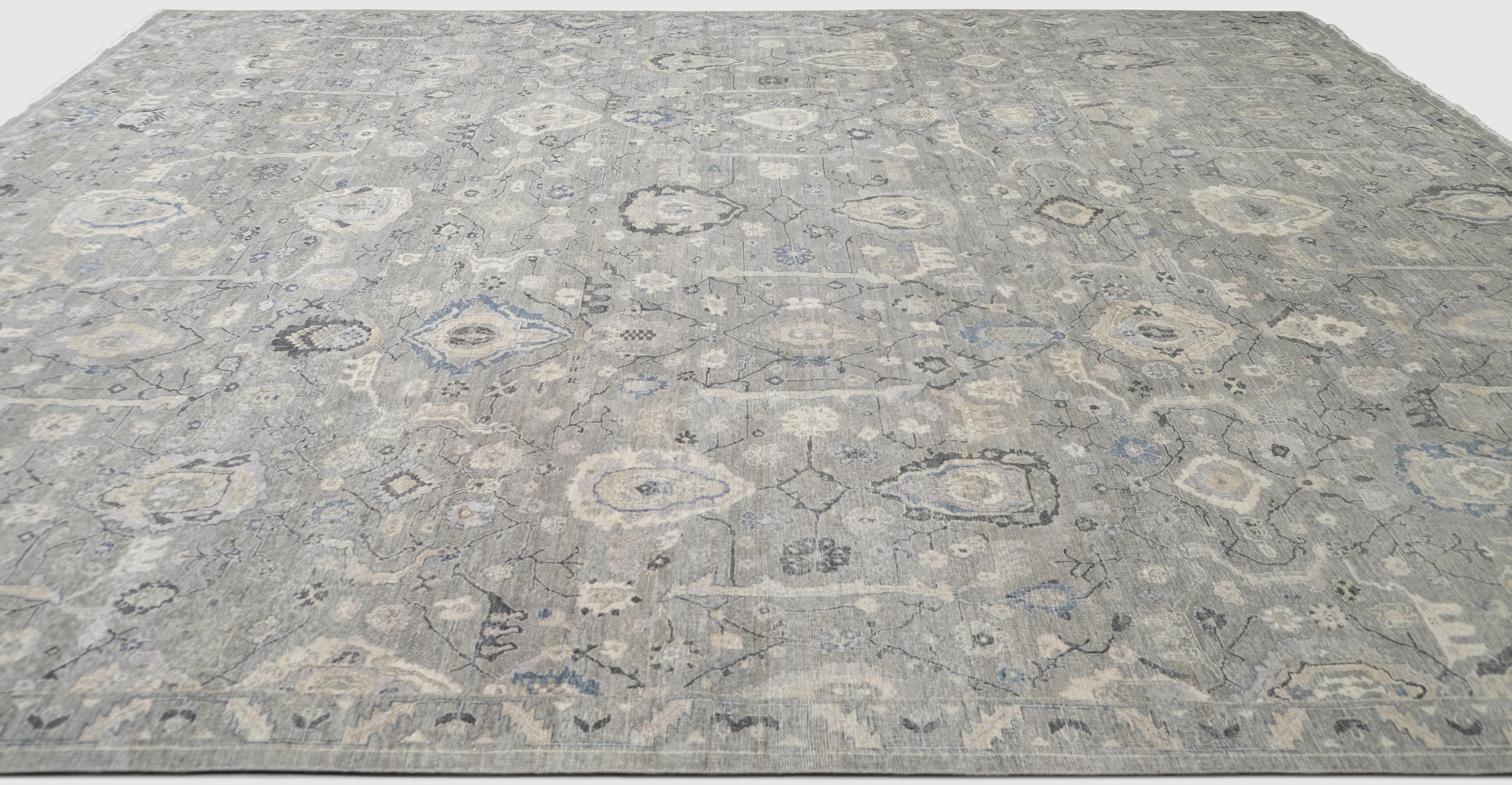 Neoklassizistischer grauer und blauer Mahal-Wollteppich im Mahal-Stil 11'10''x14'10'' (Asiatisch) im Angebot