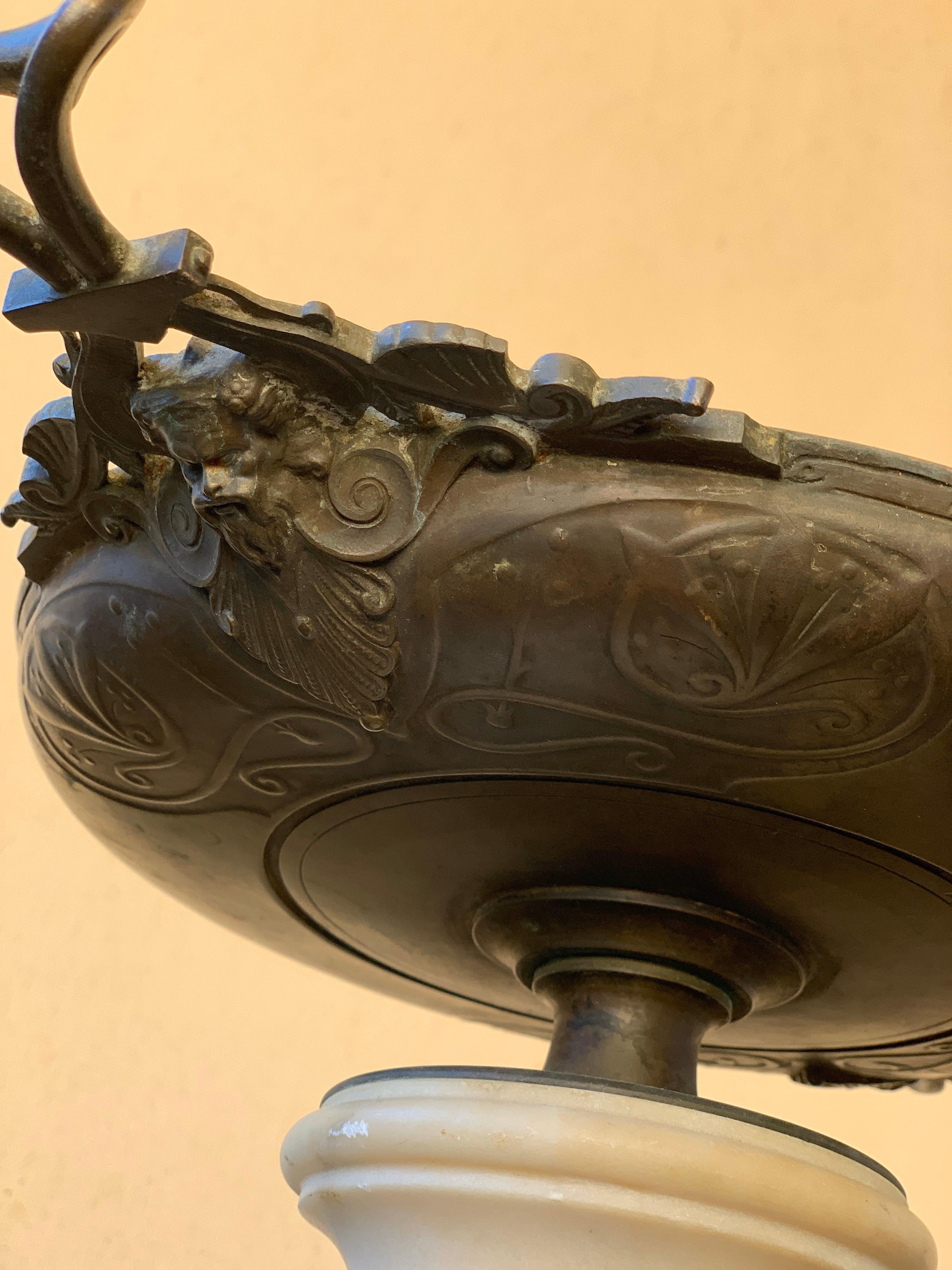 Hand-Crafted Neoclassical Greek Bronze Kylix Centerpiece on a Marble Base, 19th Century