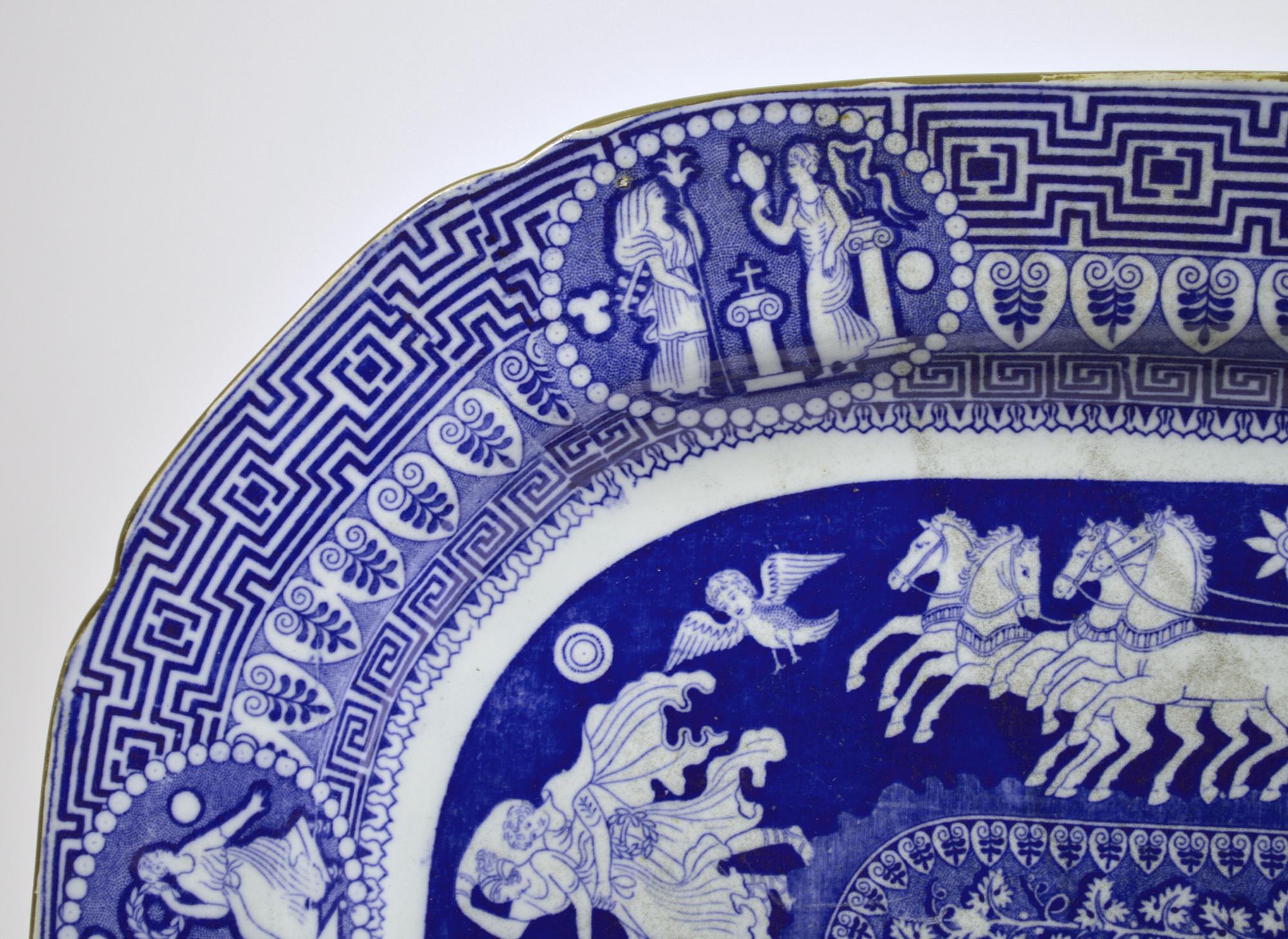 Regency Neoclassical Greek Pattern Blue Printed Large Dish, Herculaneum, Liverpool For Sale