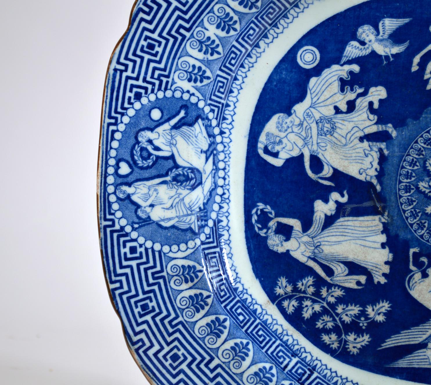 English Neoclassical Greek Pattern Blue Printed Large Dish, Herculaneum, Liverpool For Sale