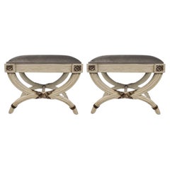 Neoclásico Estilo Gustaviano Pintado Curule Taburetes / Otomanas En Terciopelo - Pareja