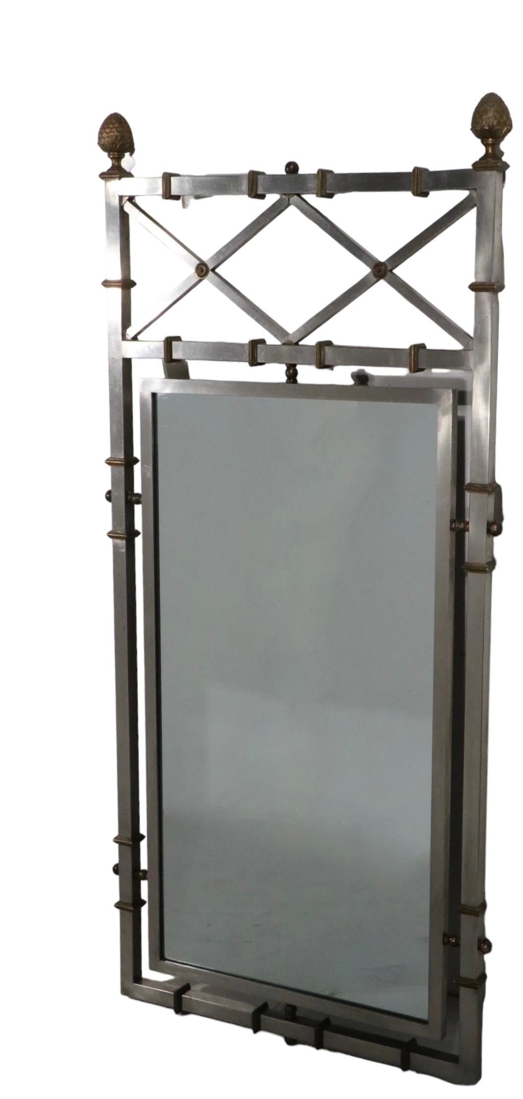 Neoclassic Hollywood Regency Steel Brass and Glass Mirror Att. to Jansen For Sale 5