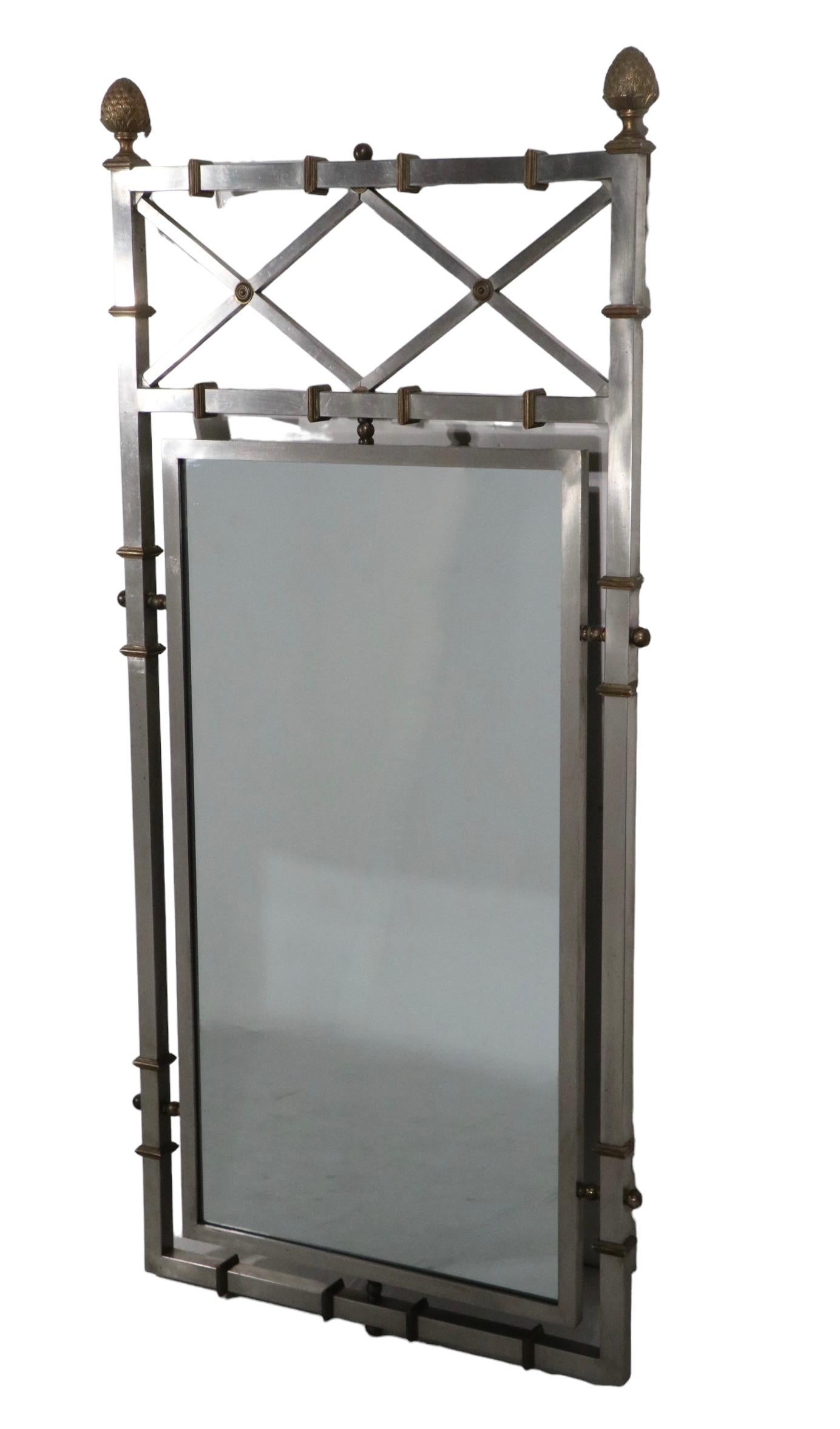 Neoclassic Hollywood Regency Steel Brass and Glass Mirror Att. to Jansen For Sale 6