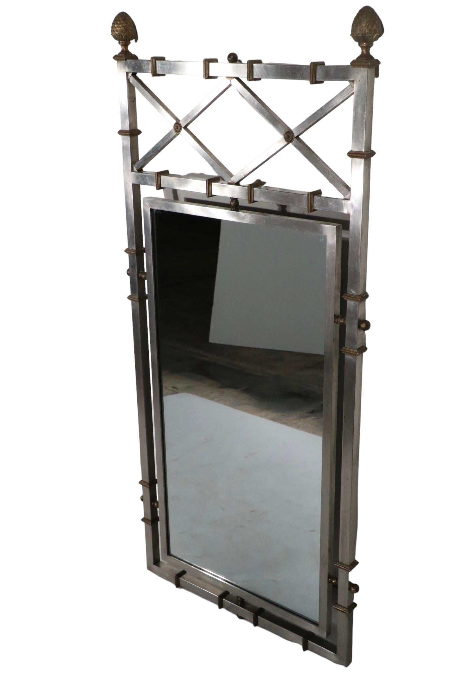 Neoclassic Hollywood Regency Steel Brass and Glass Mirror Att. to Jansen For Sale 7