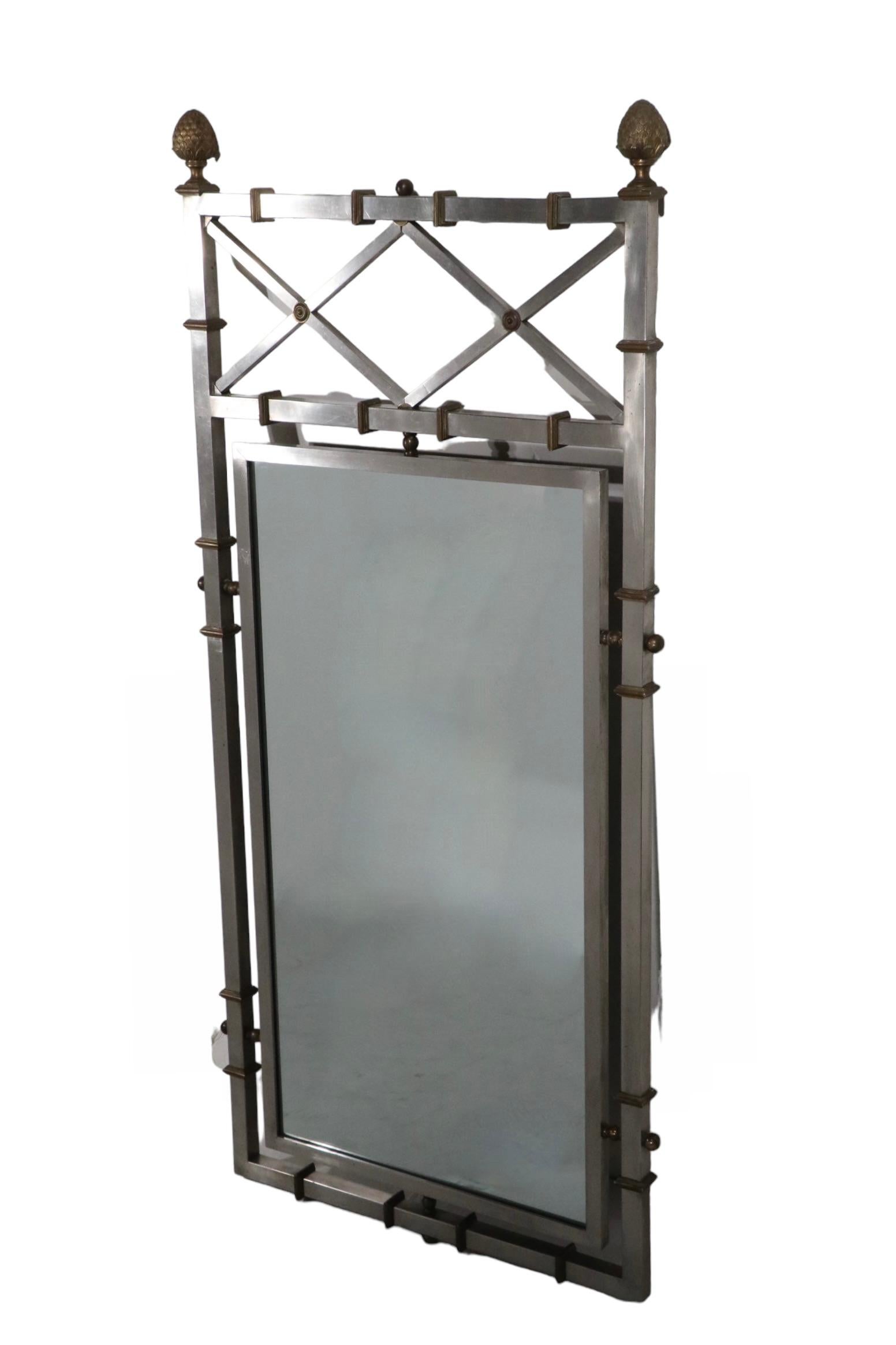 20th Century Neoclassic Hollywood Regency Steel Brass and Glass Mirror Att. to Jansen For Sale