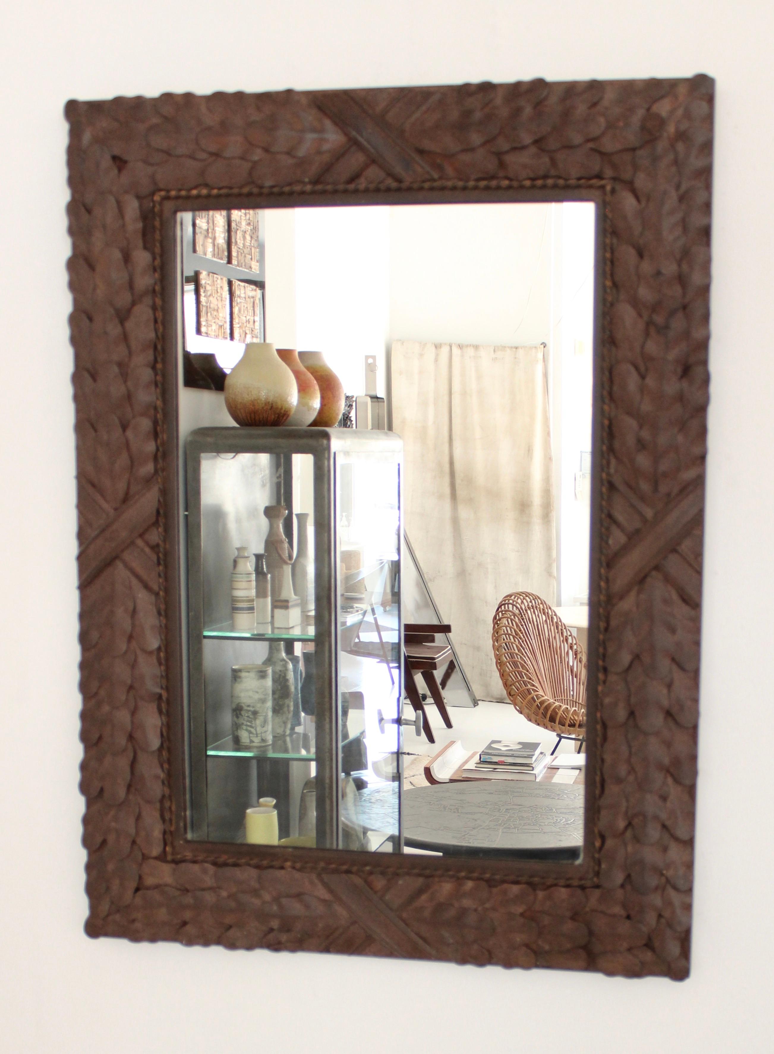 Patinated Neo Classical Italian Rusted Patina Mirror Acanthus Leaf and Twisted Rope Motif For Sale