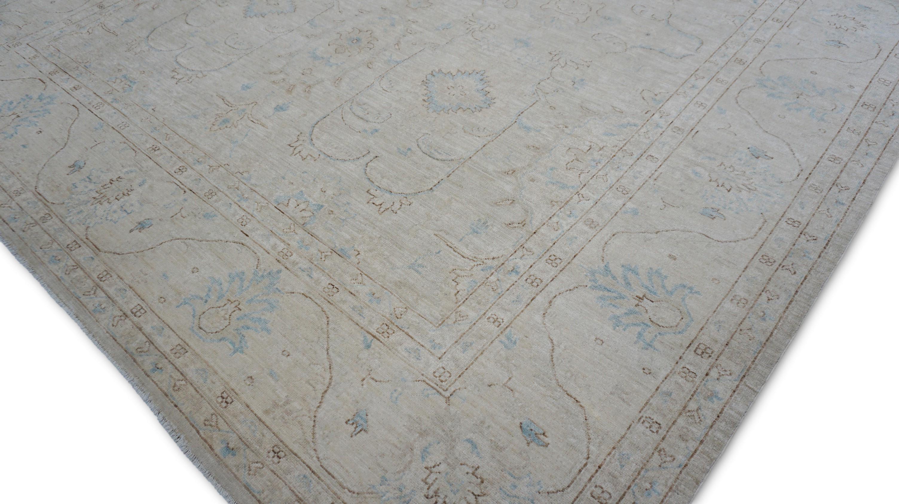 Annodato a mano Tappeto Neo-Classico in Lana Design/One Avorio, Blu, Taupe 8'3''x9'8'' in vendita