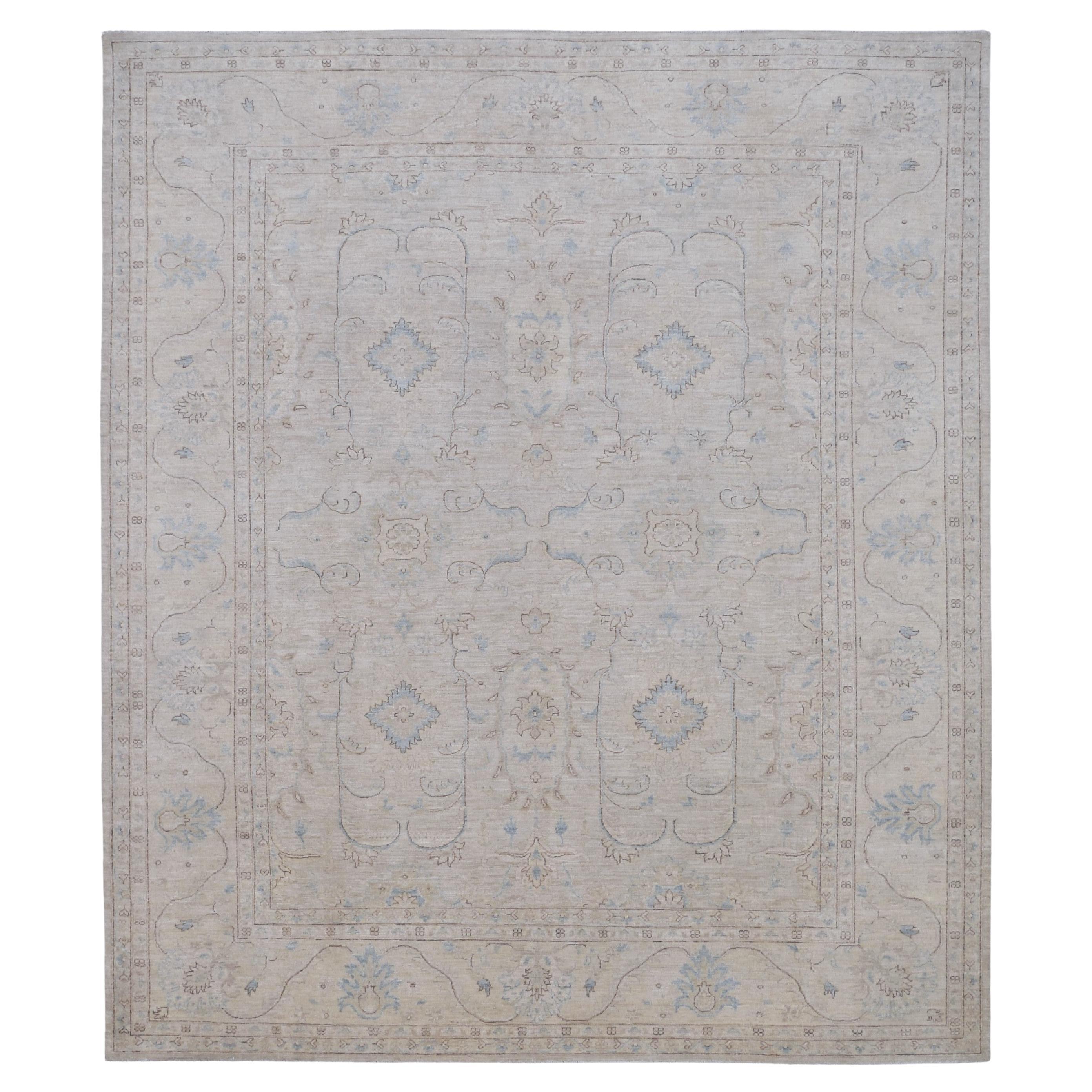 Tapis néoclassique en laine ivoire, bleu, taupe Oushak conçu 8'3''x9'8''